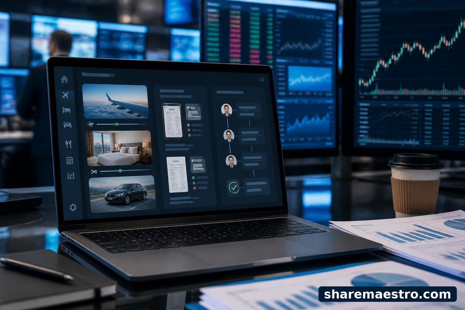 Corporate travel and expense software dashboard shown alongside financial market charts.