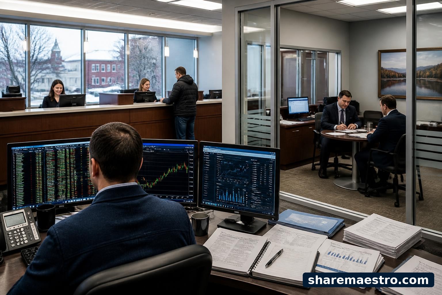 Regional bank branch and commercial banking workspace representing NBT Bancorp earnings context.
