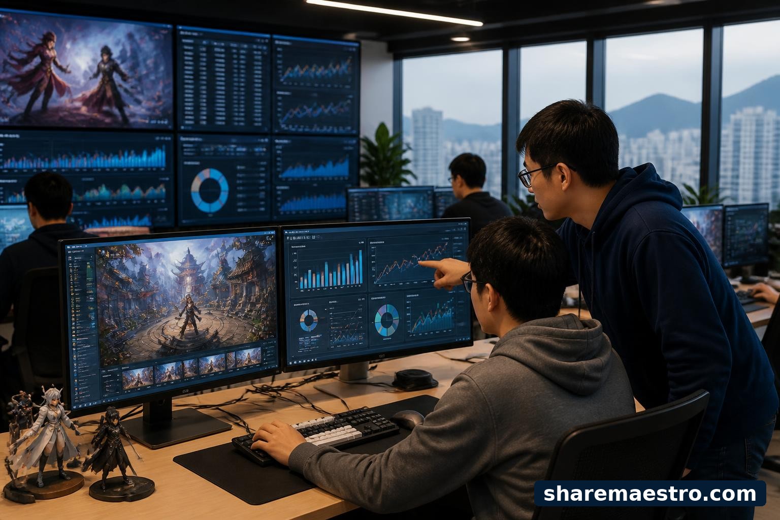 NetEase gaming and market data workstations in a modern office setting.