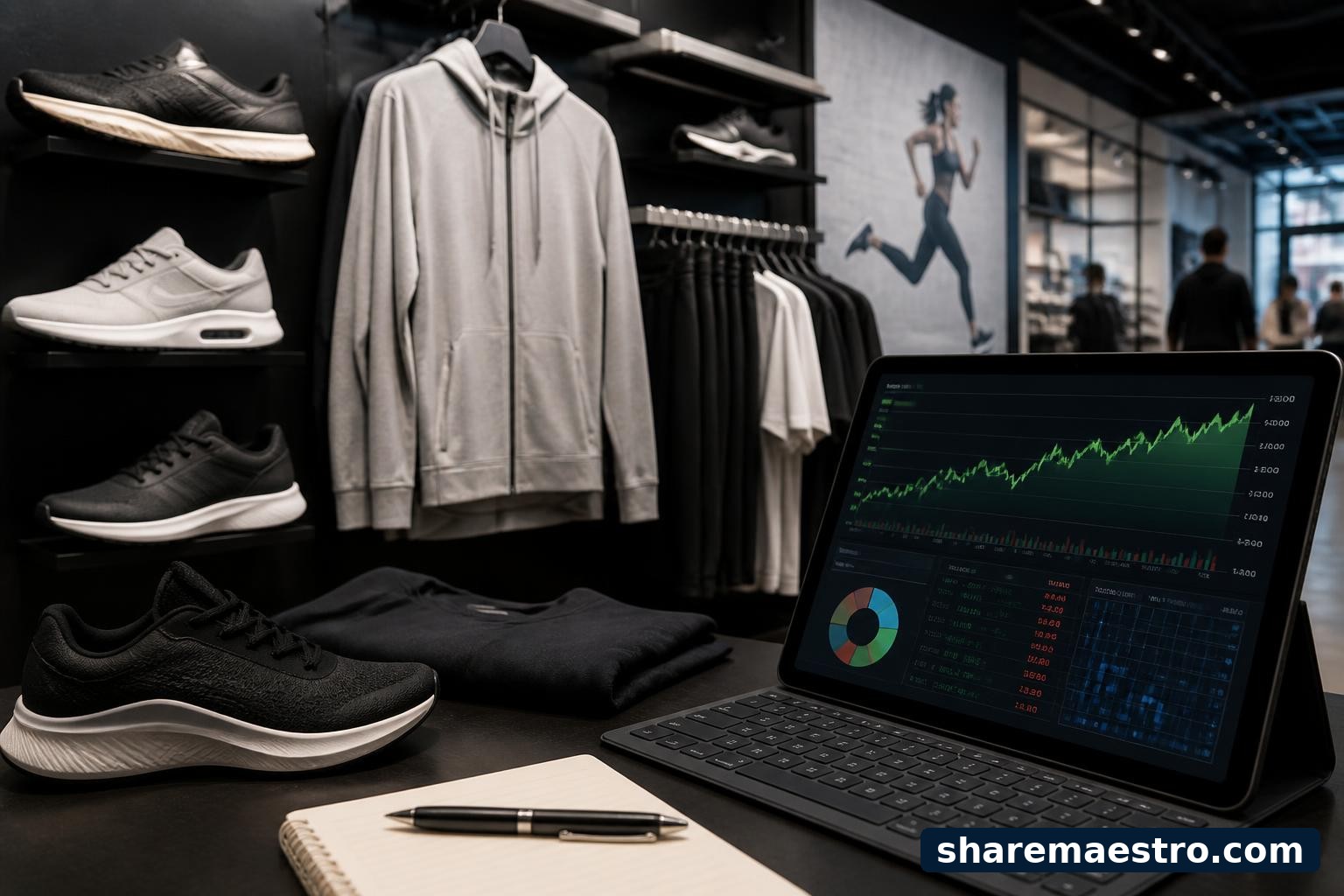 Nike athletic footwear displayed beside a market chart screen ahead of earnings.