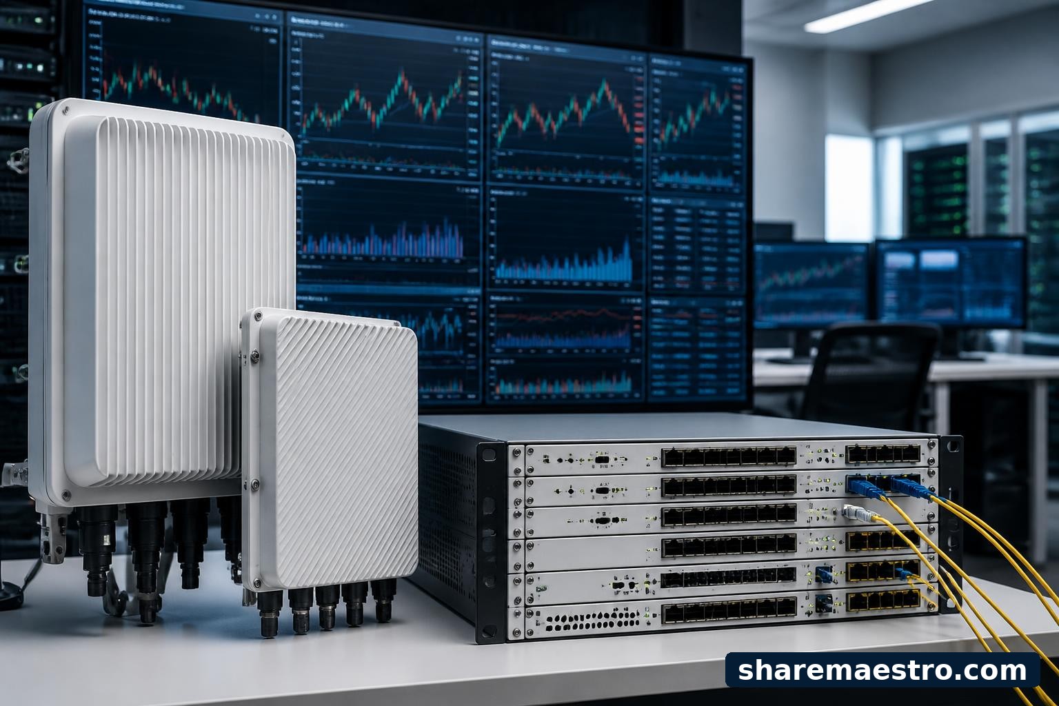 Nokia telecommunications equipment beside a market-data terminal.