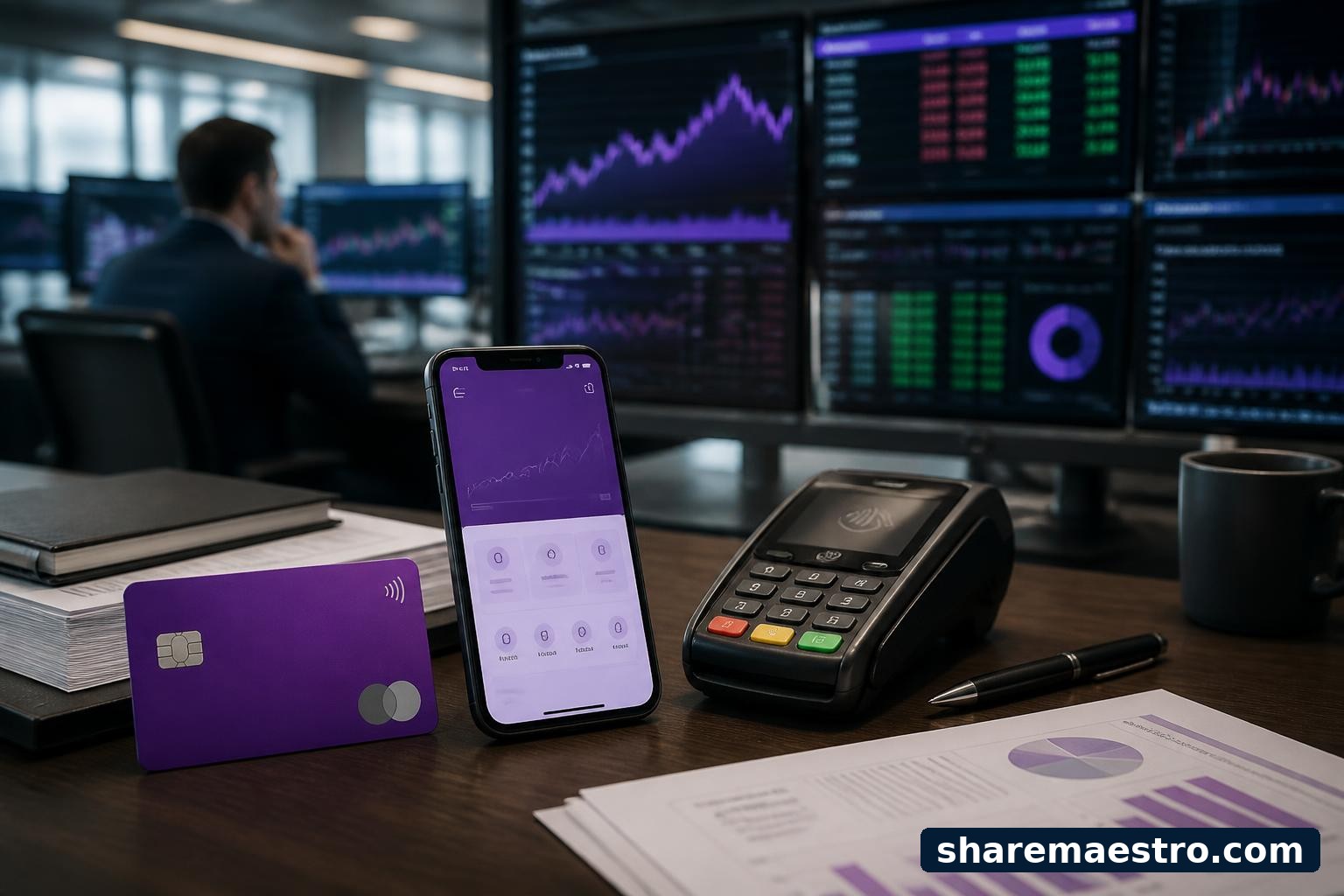 Digital banking card and smartphone interface beside market data screens for Nu Holdings market coverage.
