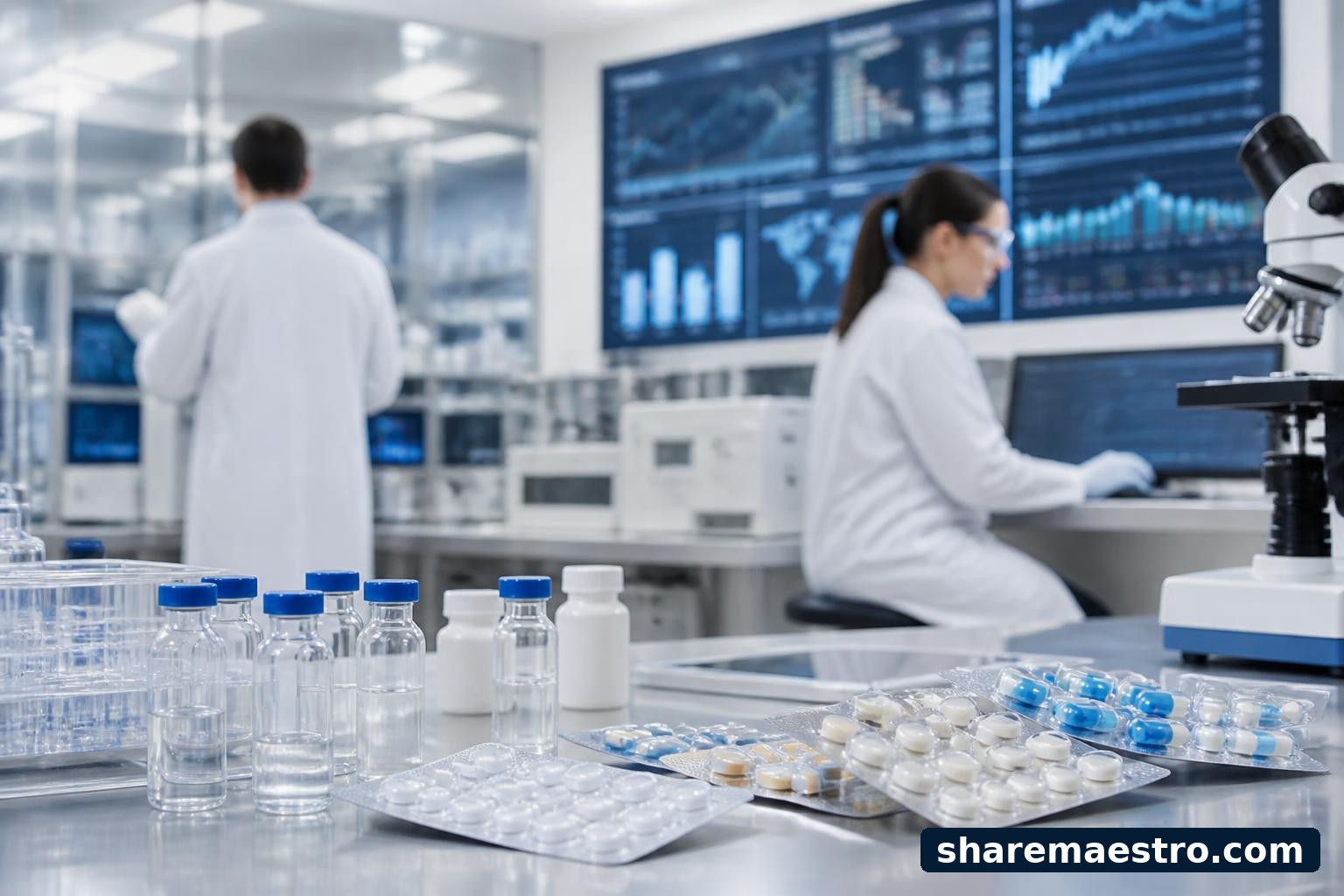Pharmaceutical lab and market-data terminal representing Novartis market activity.