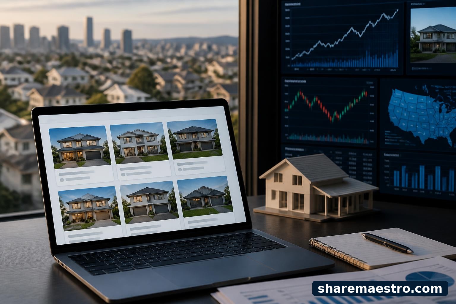 Digital residential real estate platform imagery with housing listings and market data on a finance desk.
