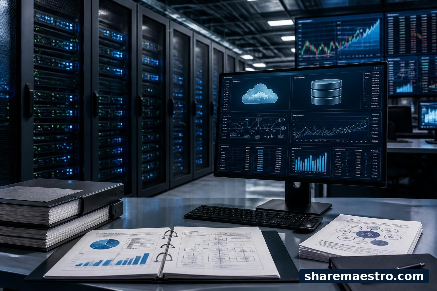 Enterprise software infrastructure screens and server racks representing Oracle’s cloud and database business.