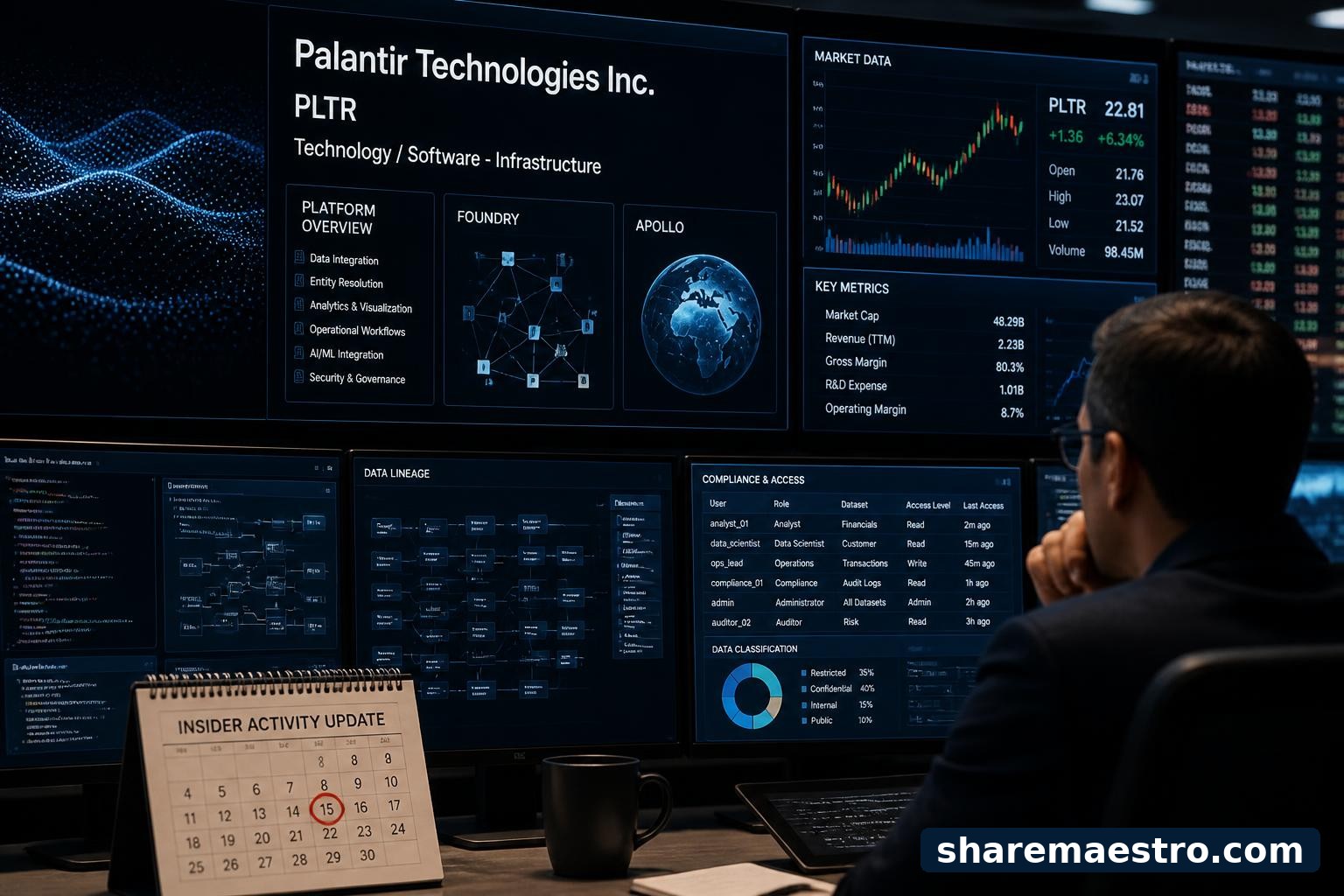 Trading desk screens showing secure data analytics dashboards and market charts for Palantir Technologies.