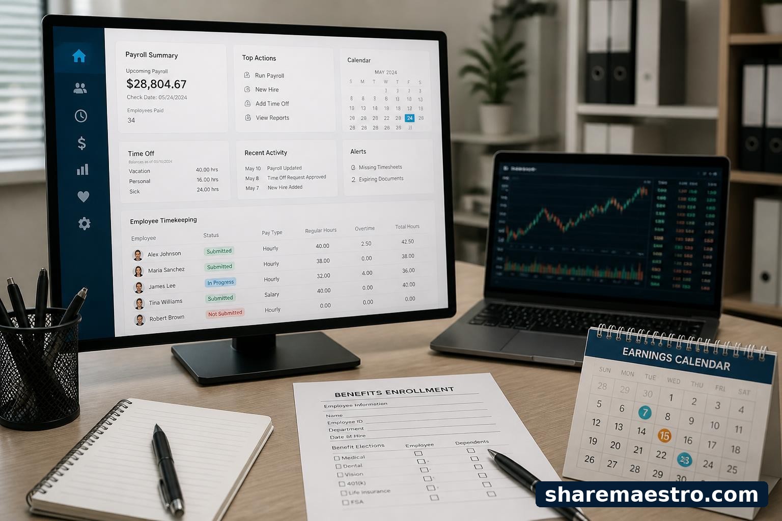 Payroll and HR software dashboard in a small business office.