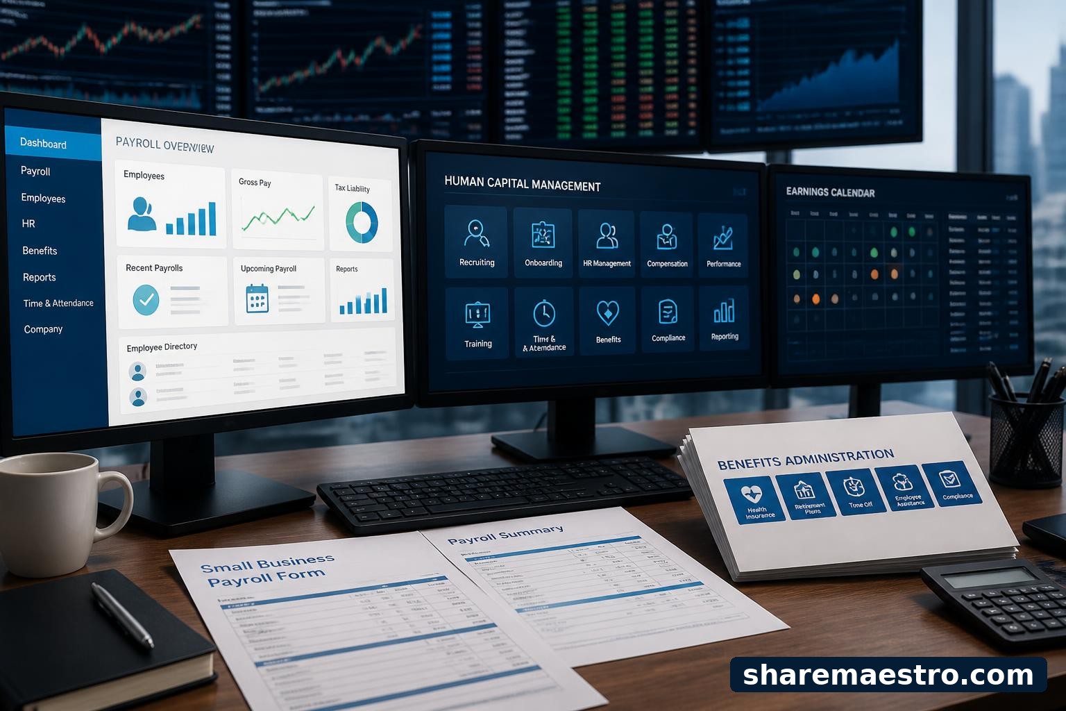 Paychex payroll and HR software dashboards shown on a financial data workstation ahead of earnings.
