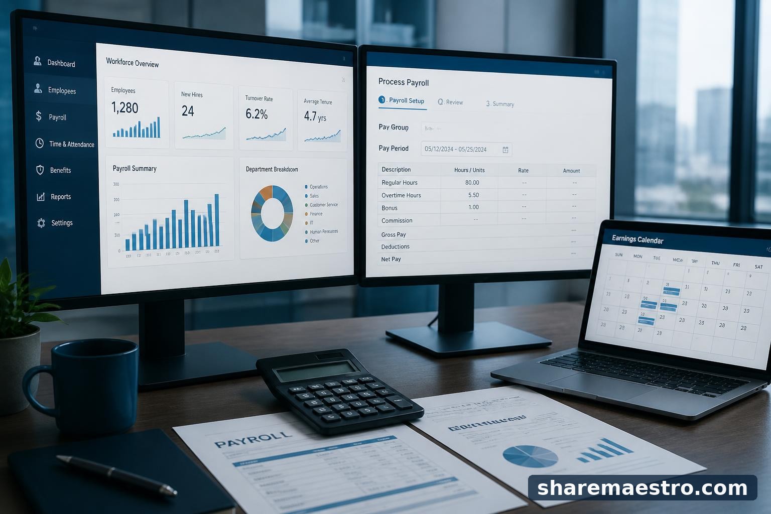 Payroll and human-resources software workspace with earnings calendar and market-monitoring screens.