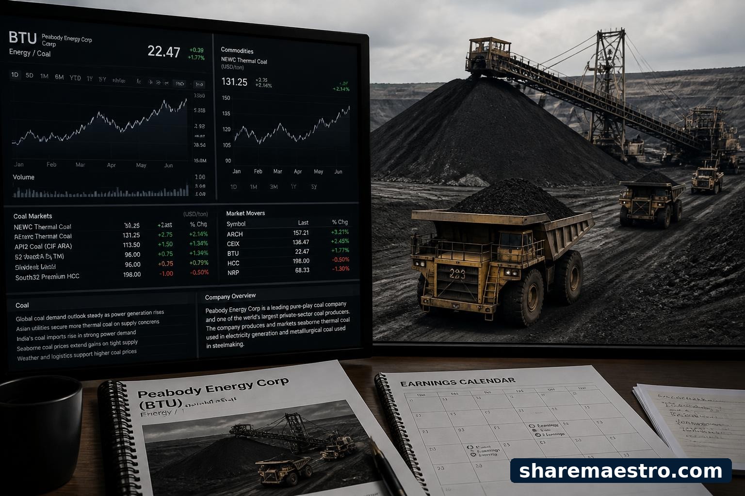 Thermal coal mining equipment with market data screens ahead of Peabody Energy earnings.