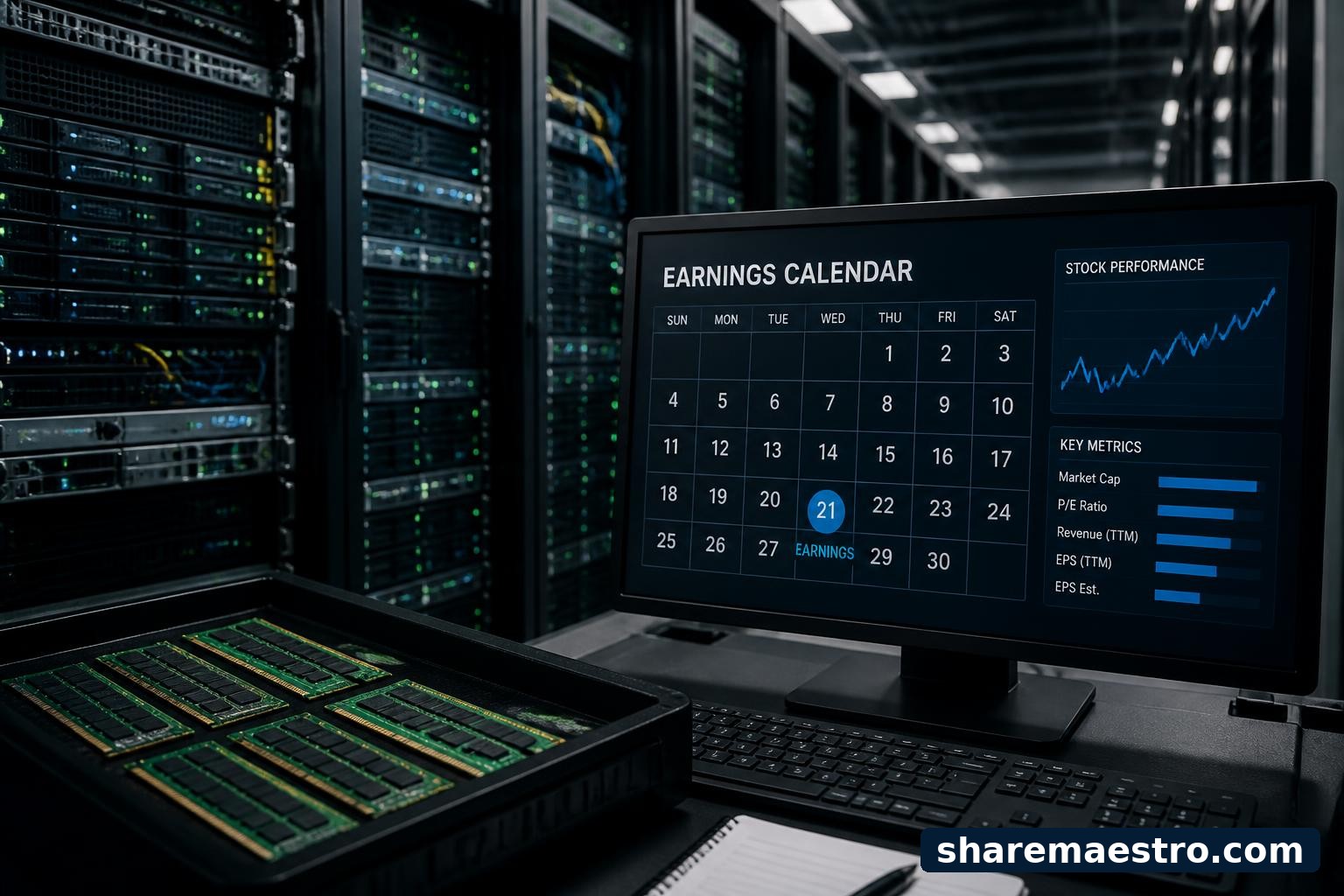 Server racks and memory modules beside a financial calendar, representing Penguin Solutions earnings watch.