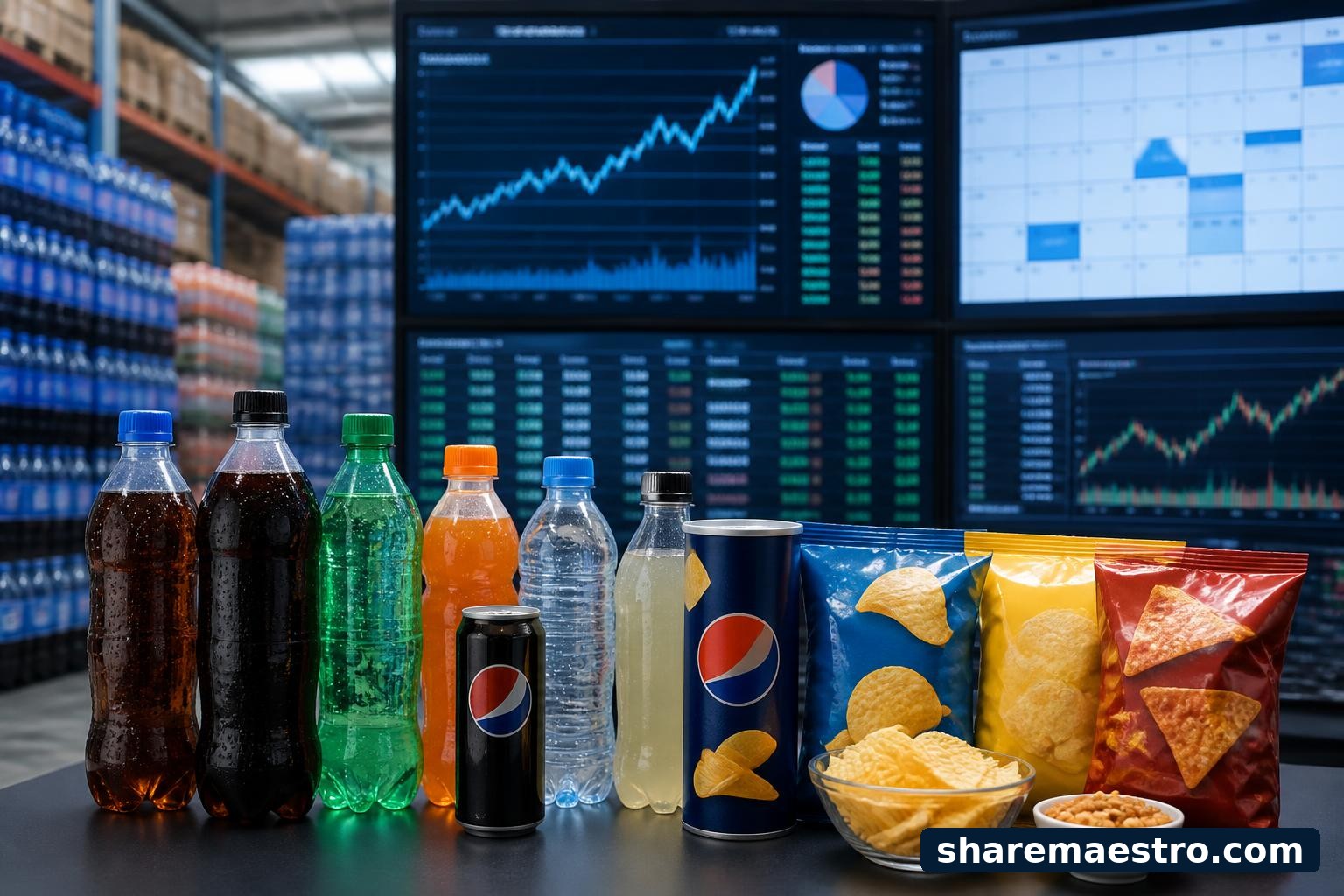 PepsiCo beverage and snack products beside a financial terminal before earnings.