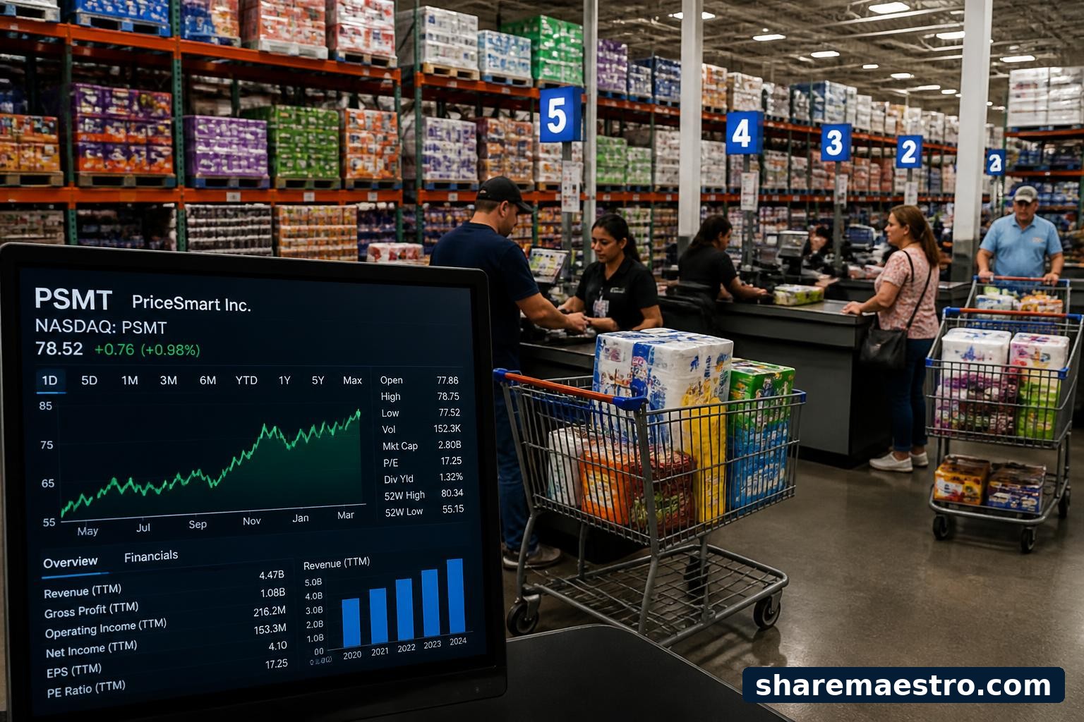 Membership warehouse club retail floor with bulk goods and a financial market terminal.
