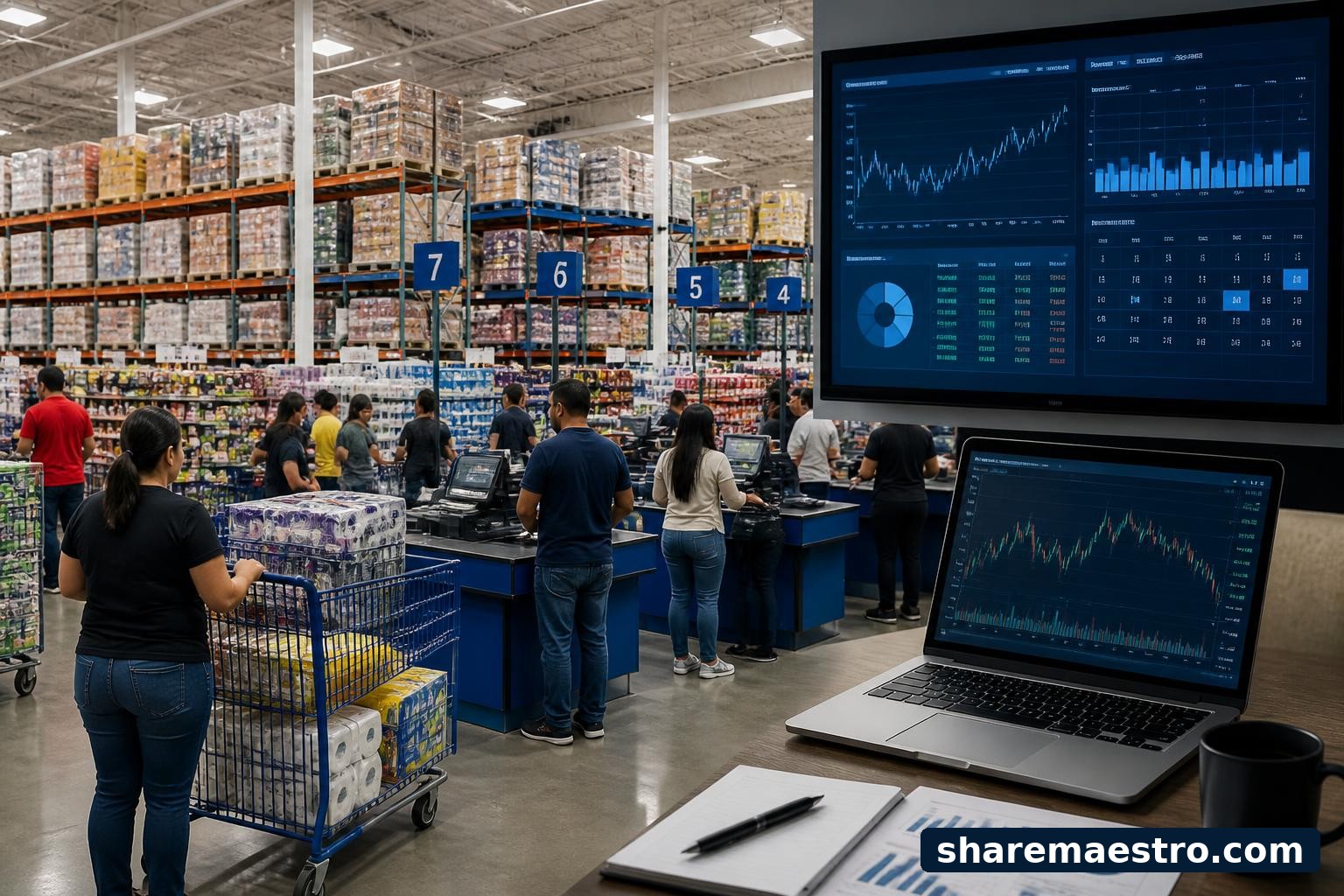 Membership warehouse retail setting with market-data and earnings-calendar elements for PriceSmart.