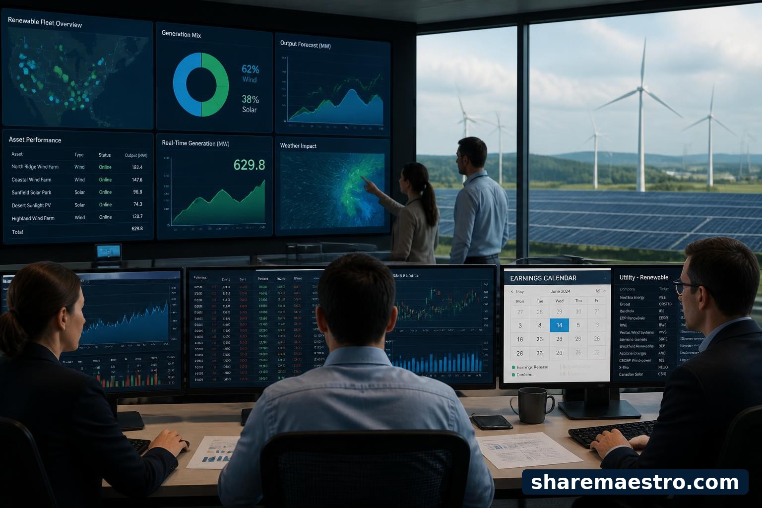 Renewable energy analysts monitor solar and wind assets alongside market data before an earnings report.