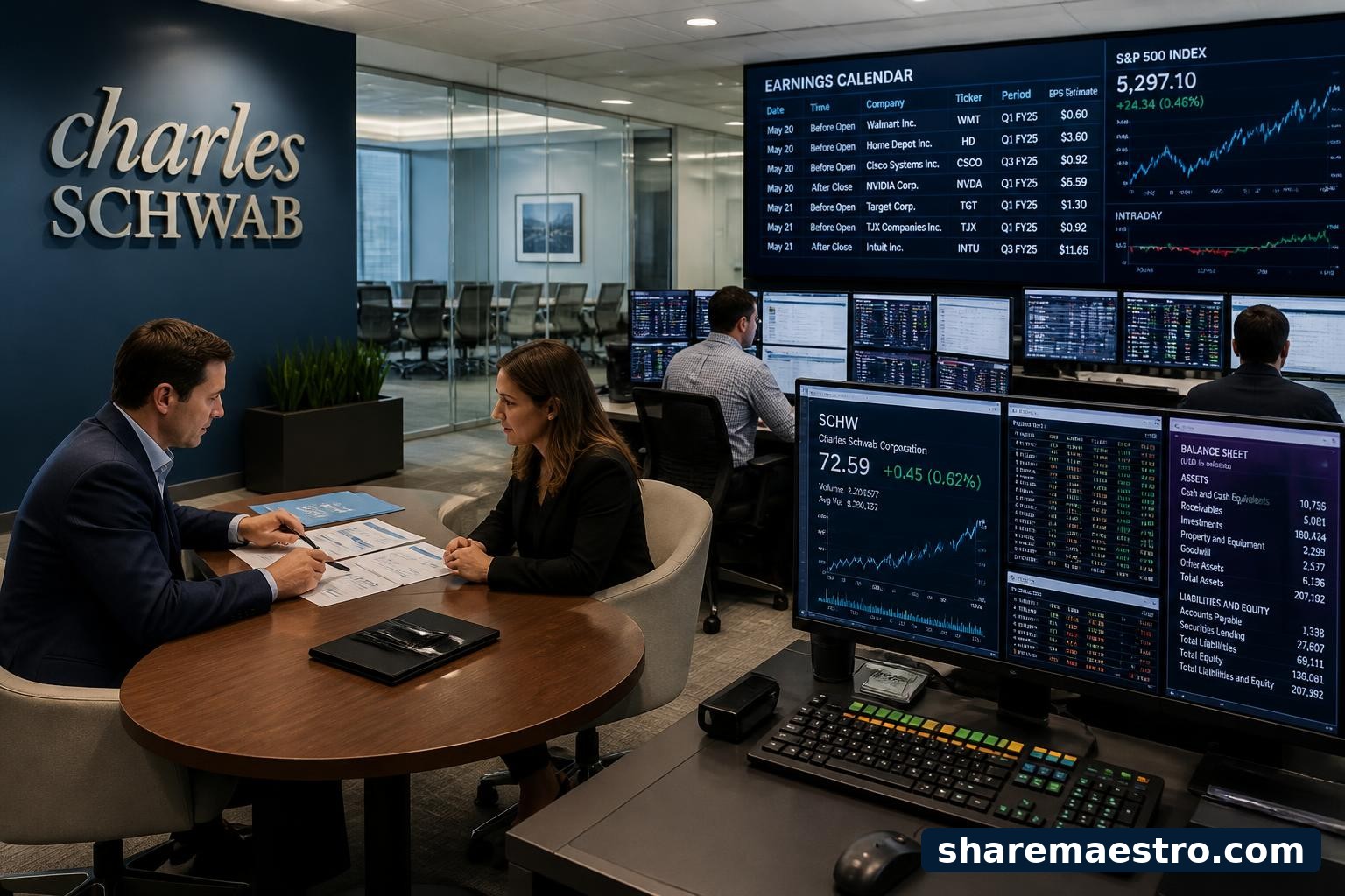 Charles Schwab brokerage office and trading workstation representing wealth management and capital markets activity.