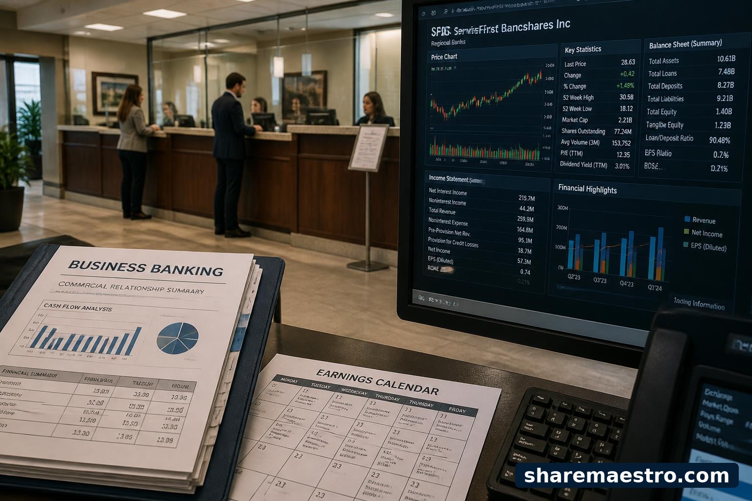 Regional bank branch and financial data terminal representing ServisFirst Bancshares ahead of earnings.