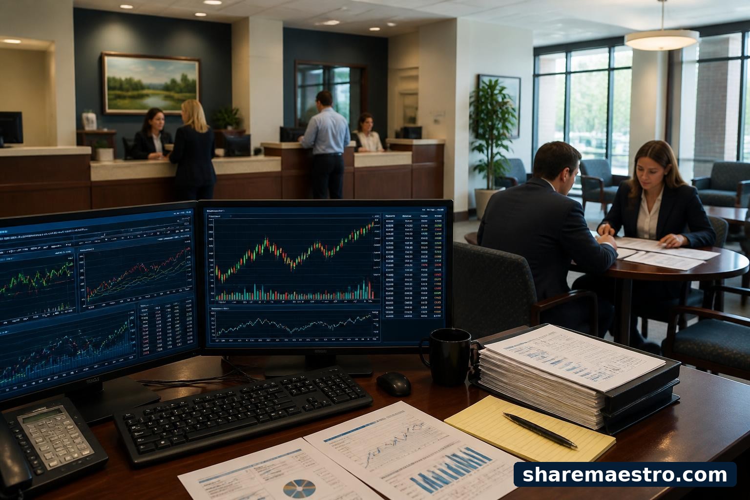Regional bank office with loan documents and a market-data terminal for a banking earnings watch.