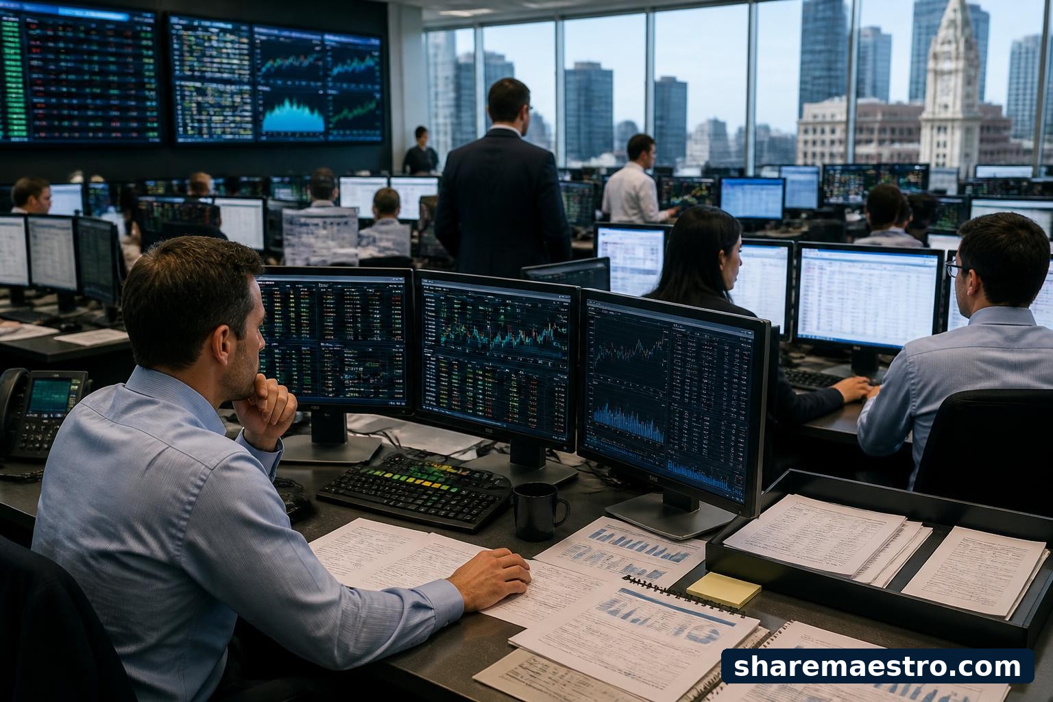 Asset management trading desk with portfolio screens and earnings calendar materials.
