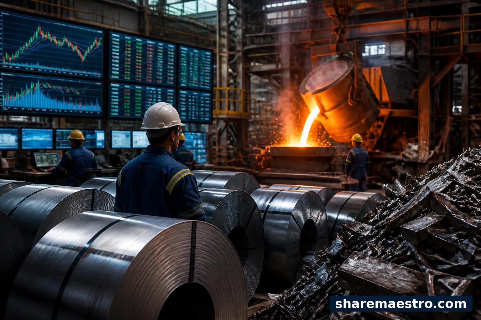 Steel mill floor with rolled steel coils and financial screens in the background.