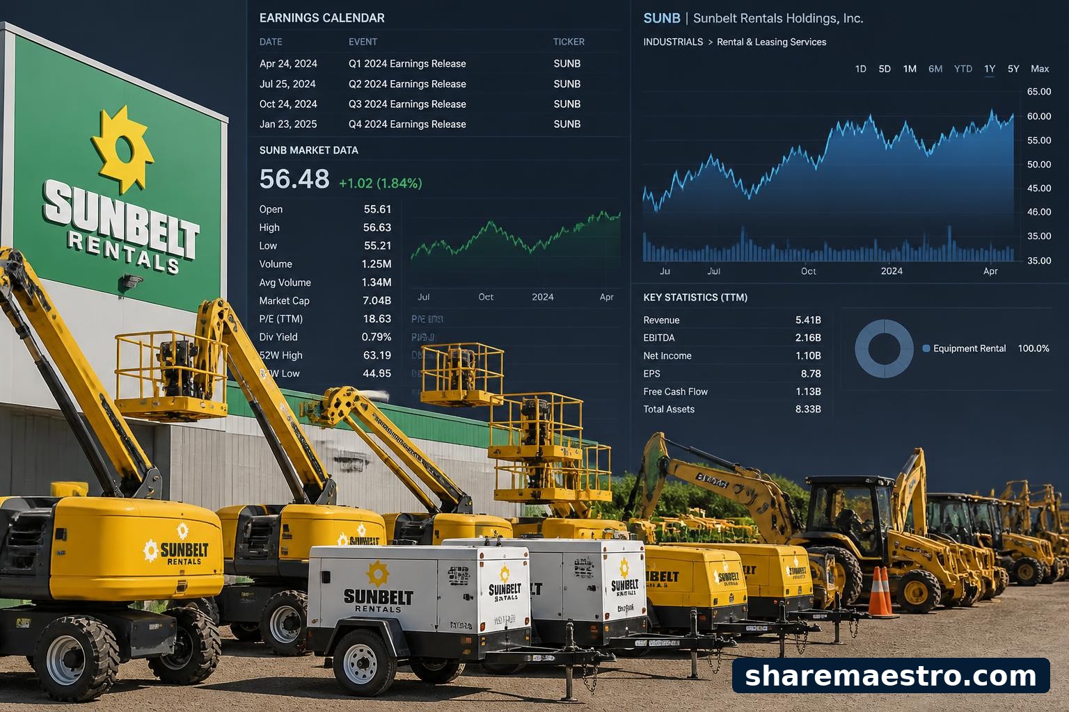 Sunbelt Rentals equipment yard with construction rental machinery and market data context.