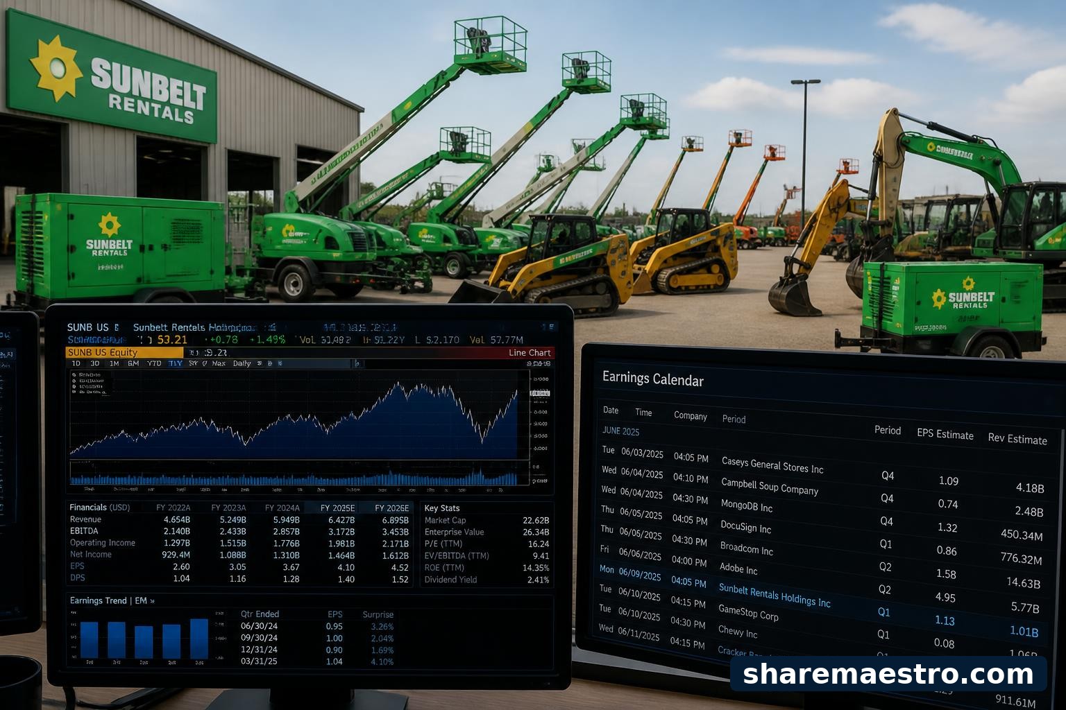 Sunbelt Rentals equipment yard with market data and earnings calendar context.