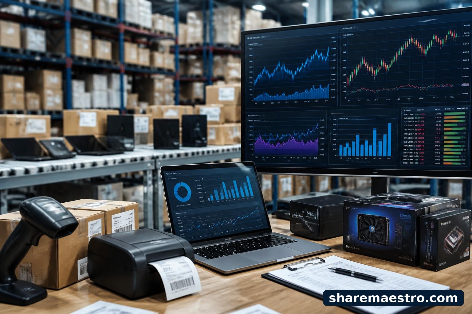 Electronics distribution warehouse items beside a market-data terminal for Synnex Corporation earnings context.