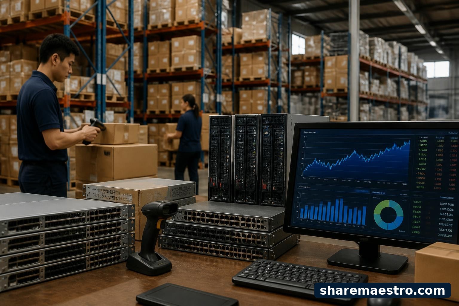 Electronics and computer distribution warehouse with boxed servers, networking equipment, and a market-data terminal for Synnex earnings context.