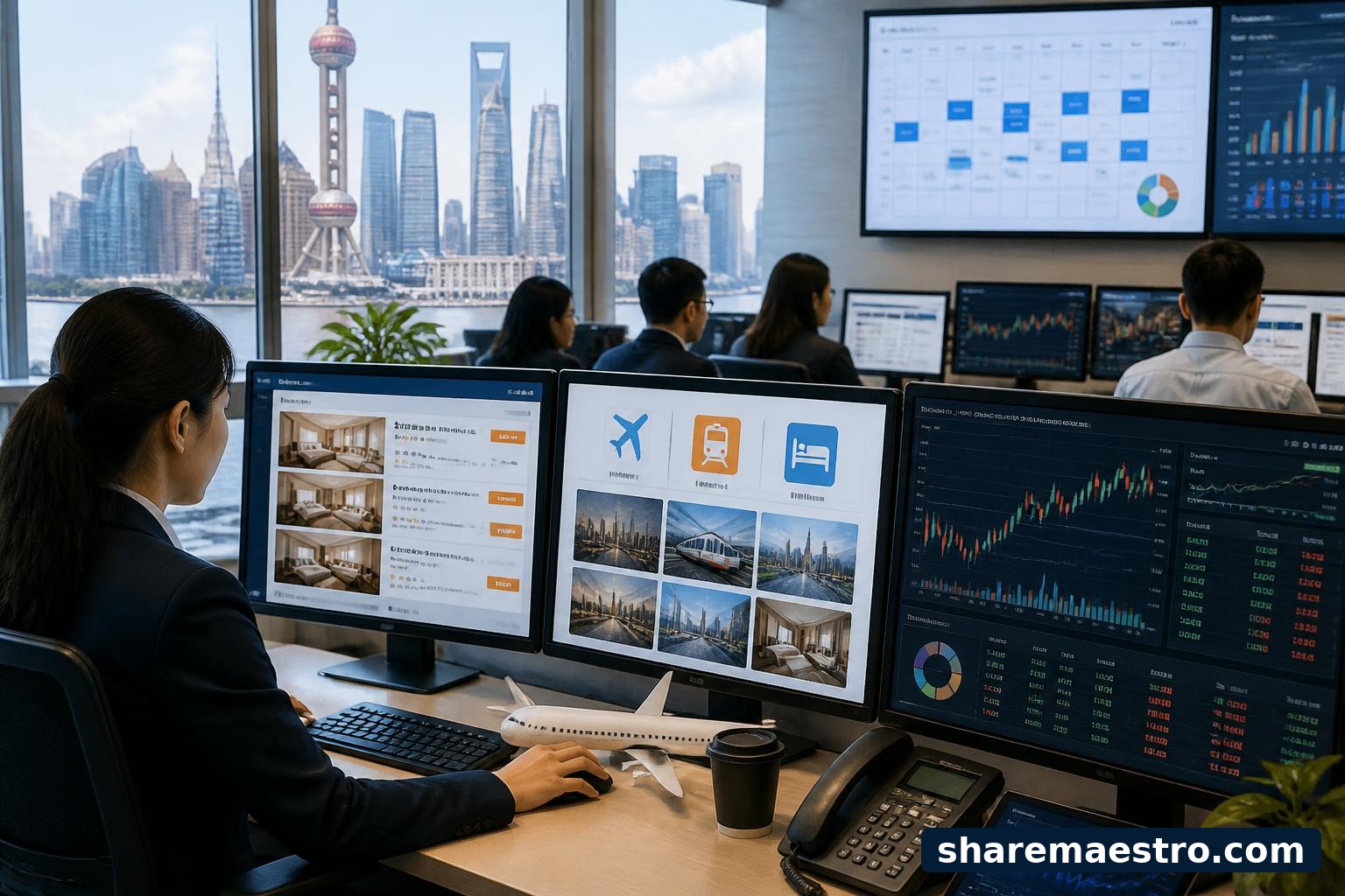 Travel booking operations desk with market data screens for Trip.com earnings context.