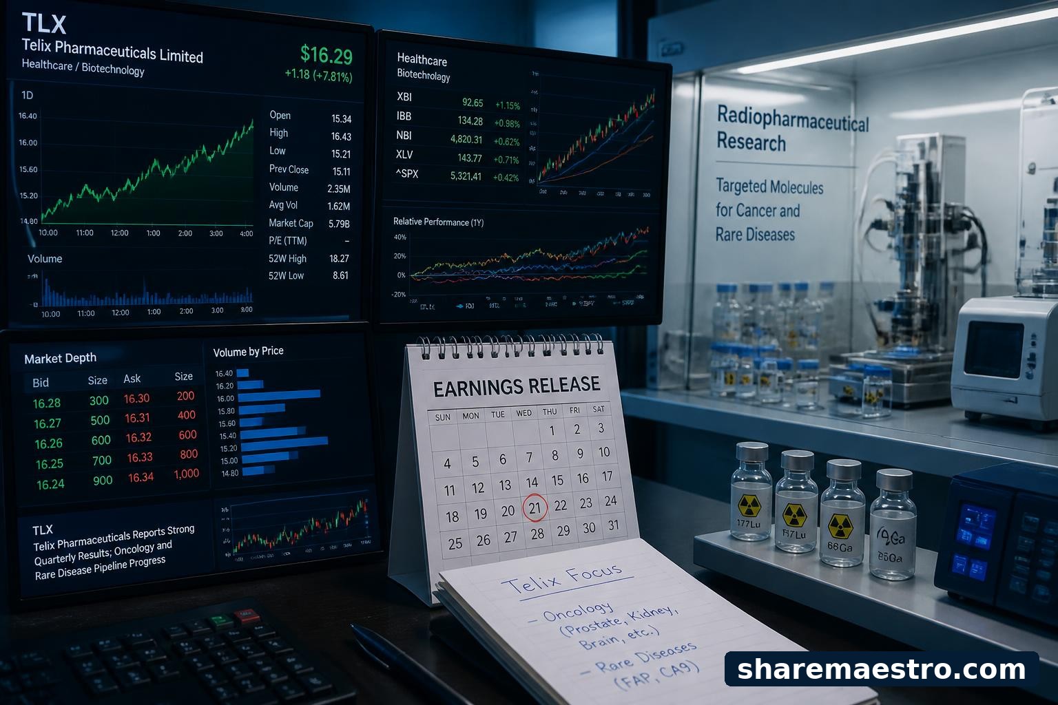 Biotechnology market data screen and radiopharmaceutical lab equipment representing Telix Pharmaceuticals before earnings.
