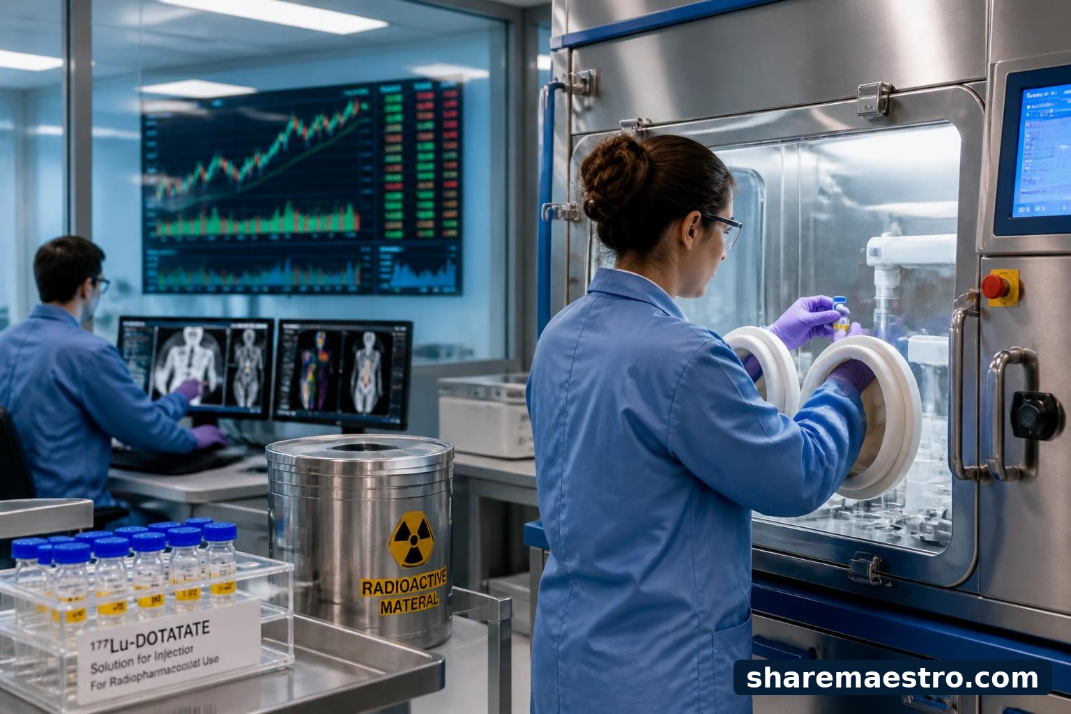Radiopharmaceutical biotechnology lab with market data screens ahead of Telix Pharmaceuticals earnings.