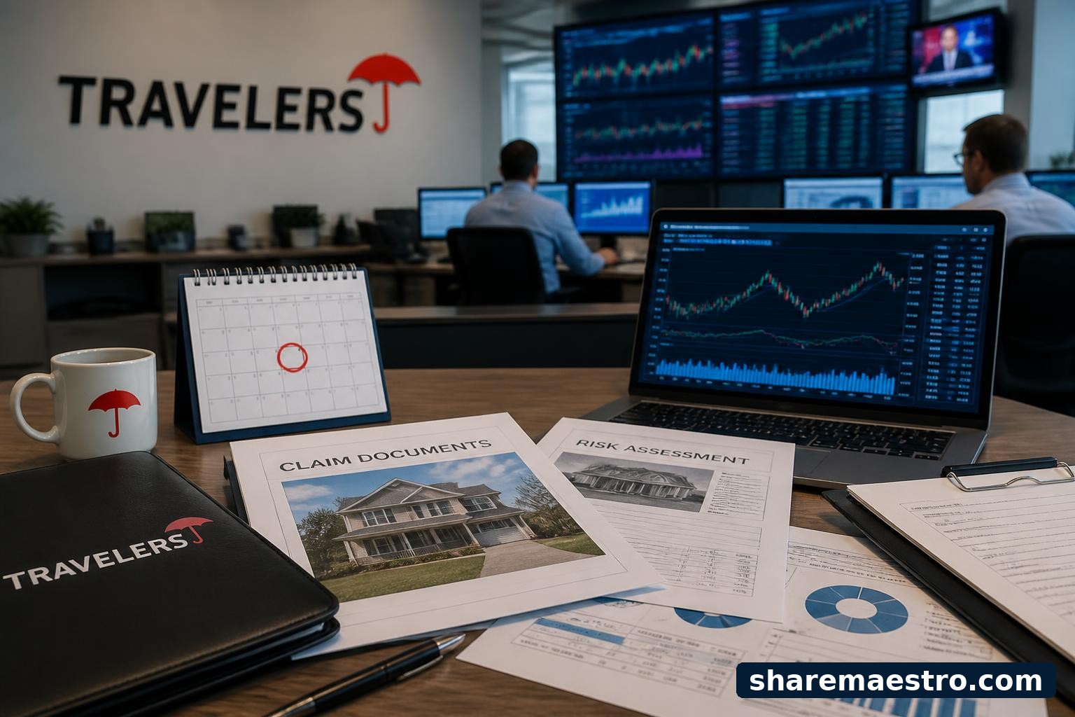 Property and casualty insurance documents and a market-data screen ahead of Travelers earnings.