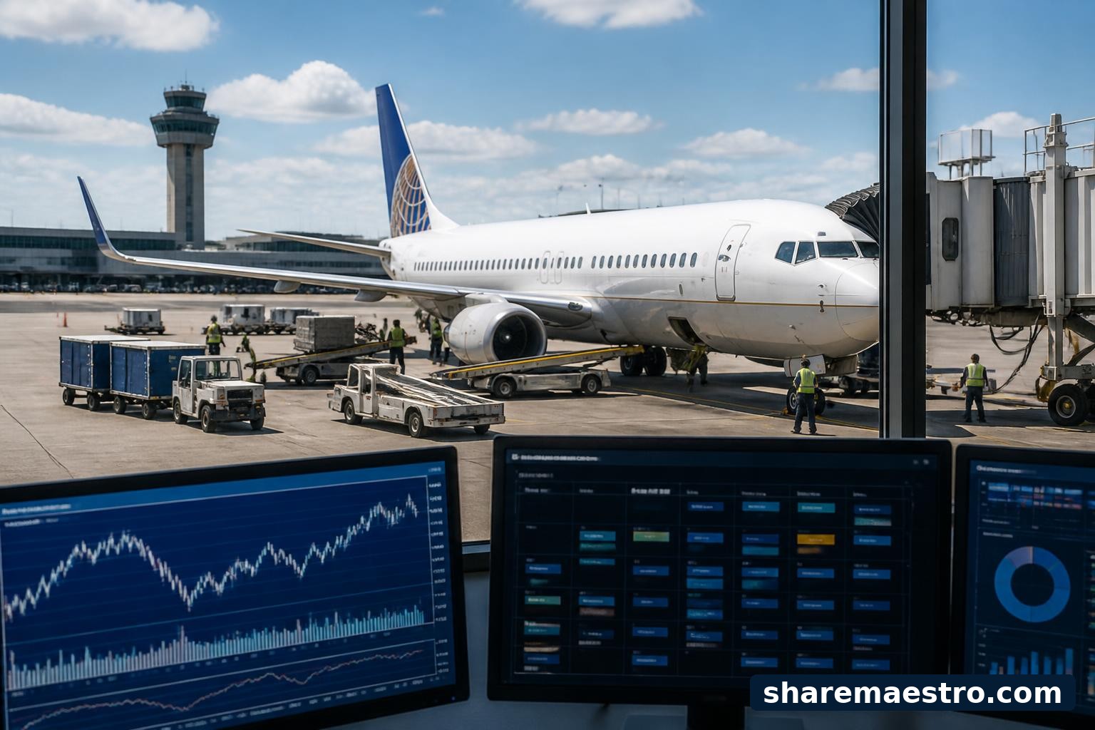 United Airlines aircraft at an airport gate with market data screens representing earnings watch context.