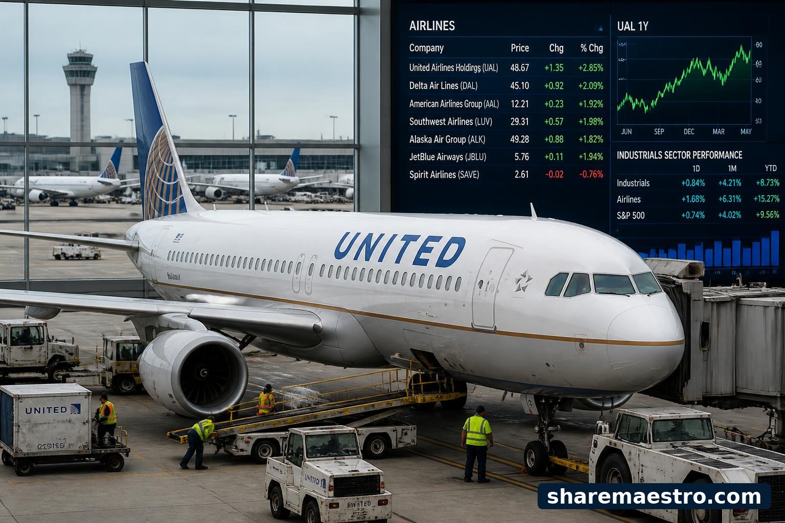 United Airlines aircraft at an airport gate with financial market data screens in the background.