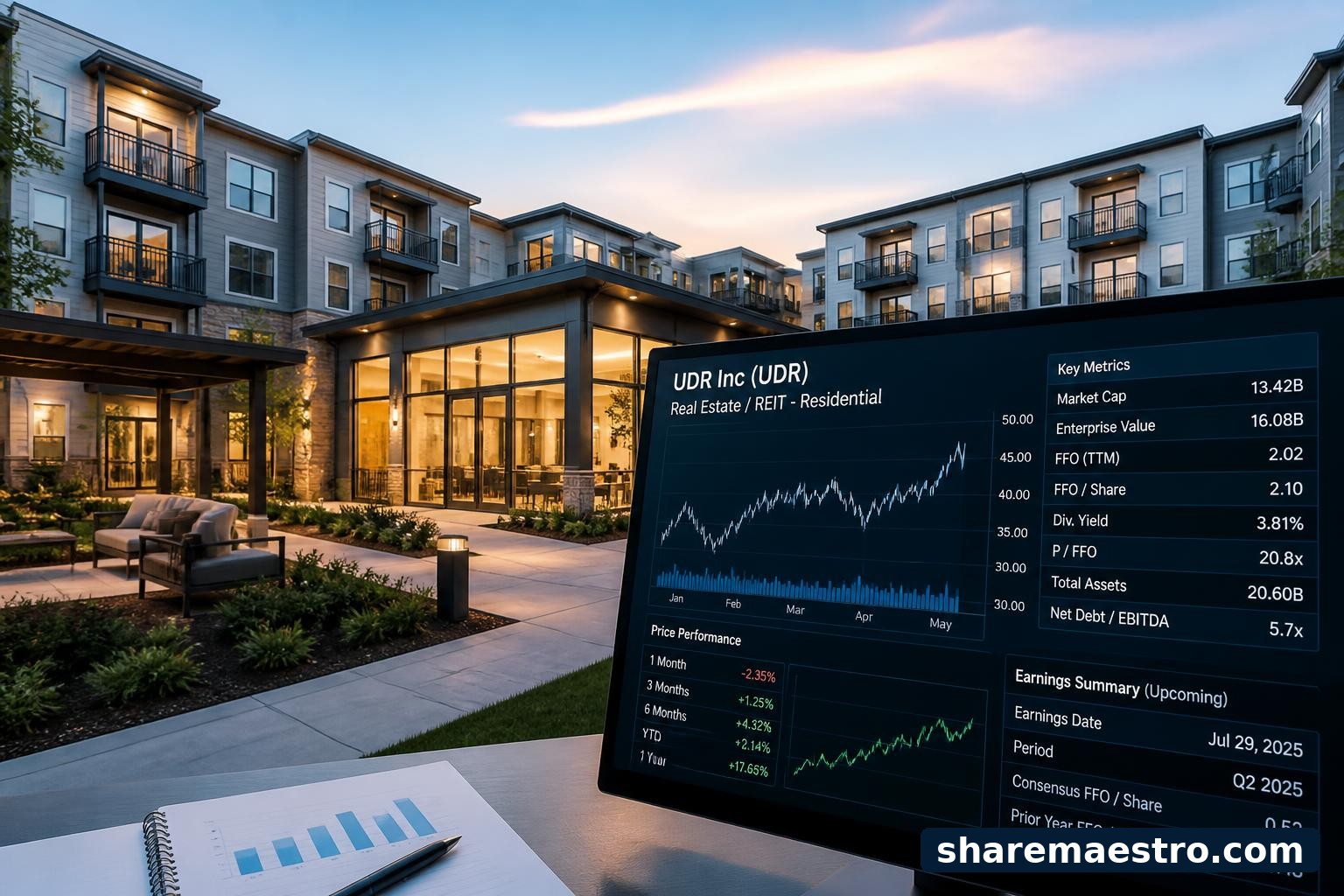Modern apartment community with a financial data screen, representing UDR residential REIT earnings context.
