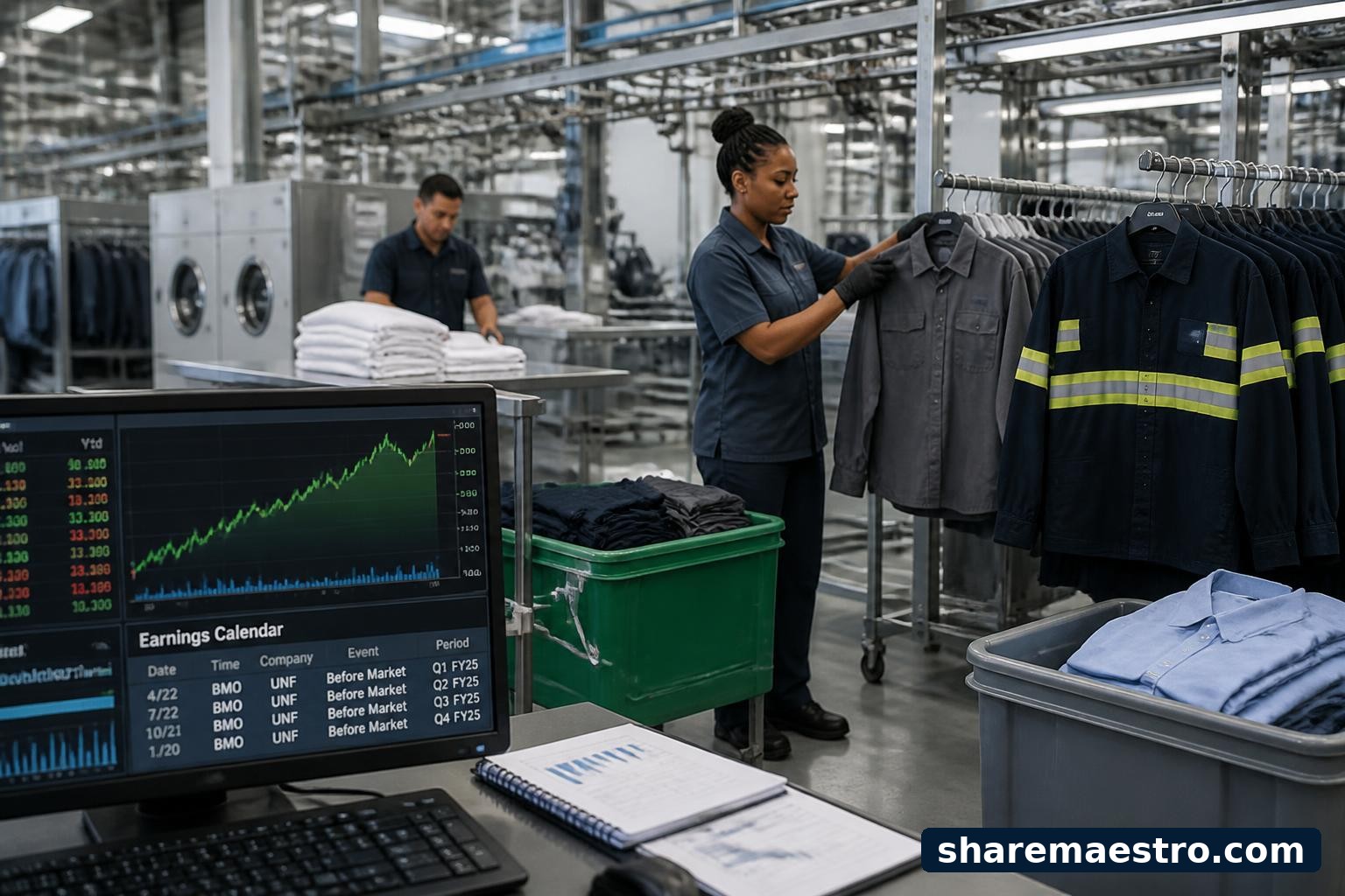 UniFirst workplace uniforms and protective clothing shown in an industrial service setting with market data screens.