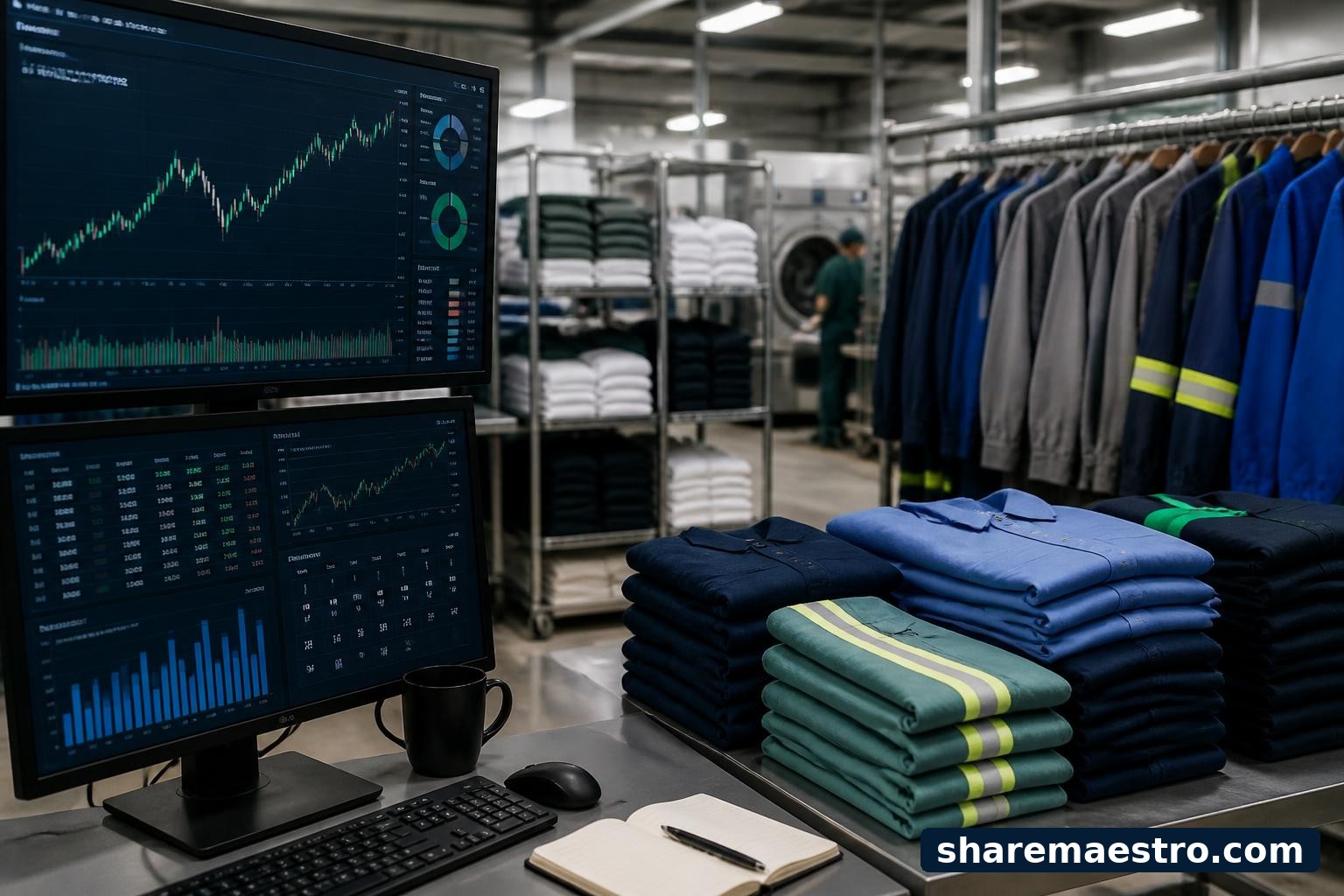 Industrial work uniforms and protective clothing beside a finance terminal showing earnings context.