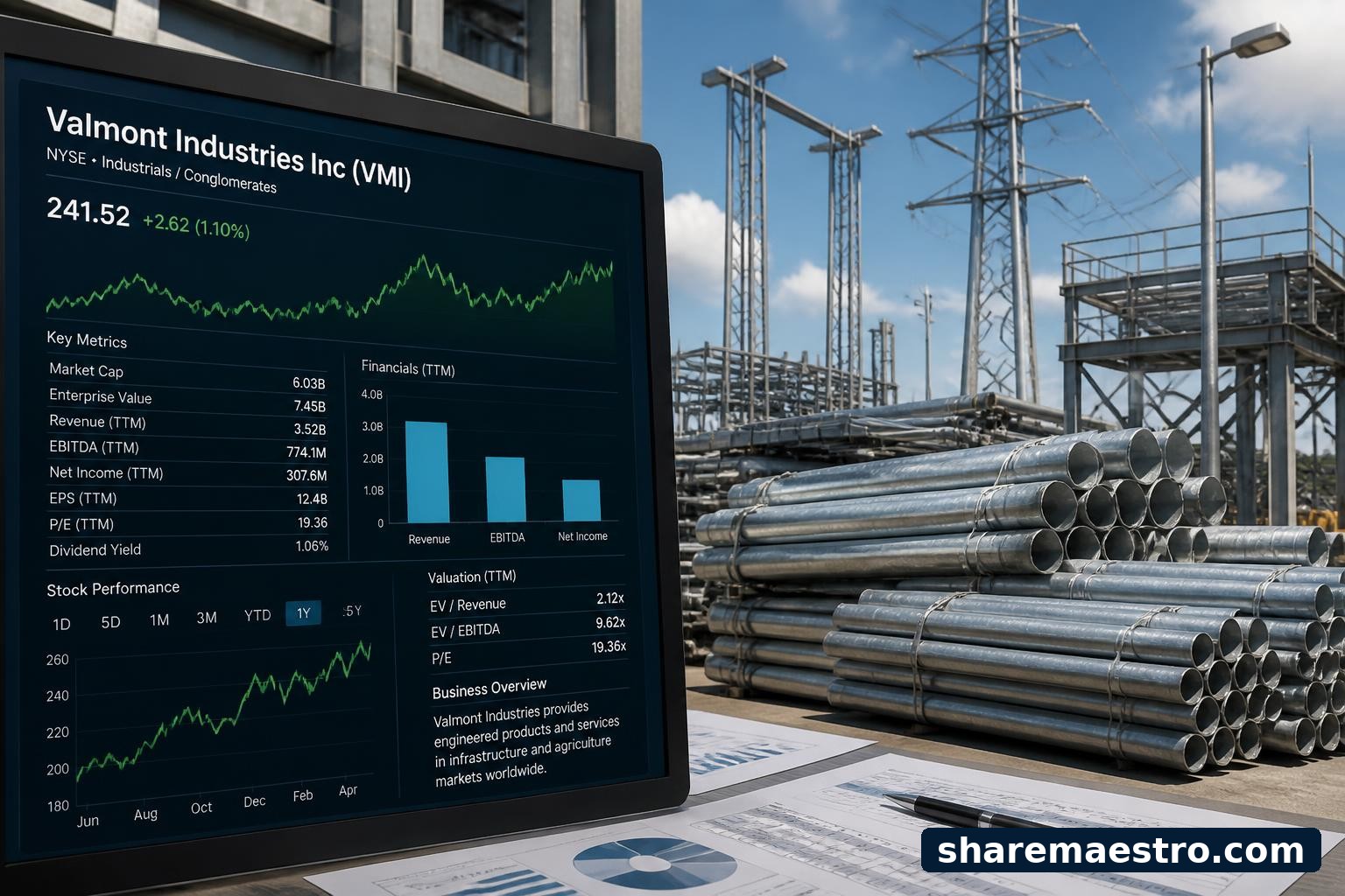 Market data terminal with galvanized steel utility poles and fabricated metal structures representing Valmont Industries.
