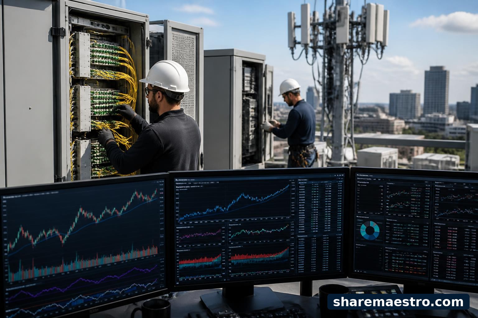 Verizon telecom network equipment with a financial data terminal in the foreground.