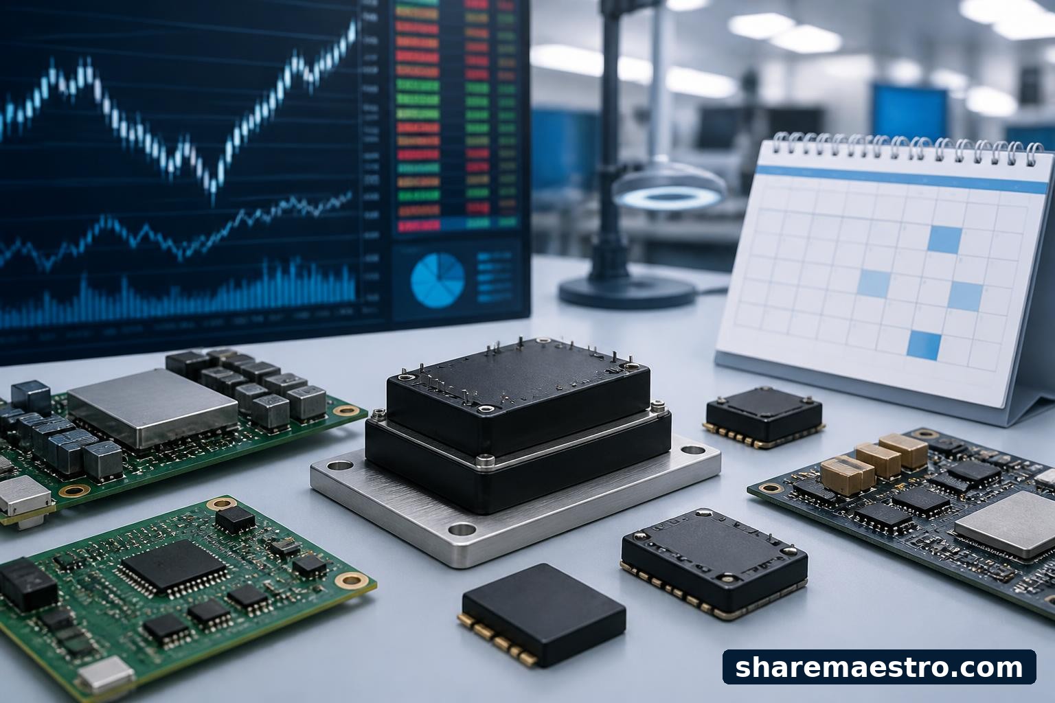 Modular power components on an electronics manufacturing bench beside a market data screen.