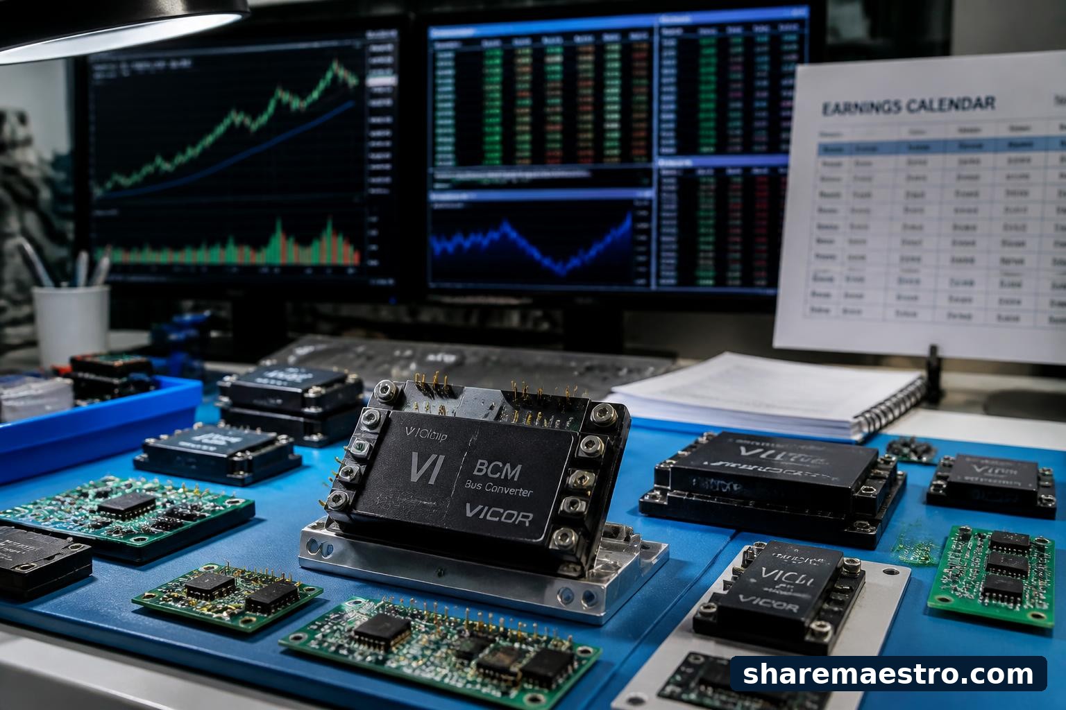 Modular power components on an electronics workbench with market data screens in the background.