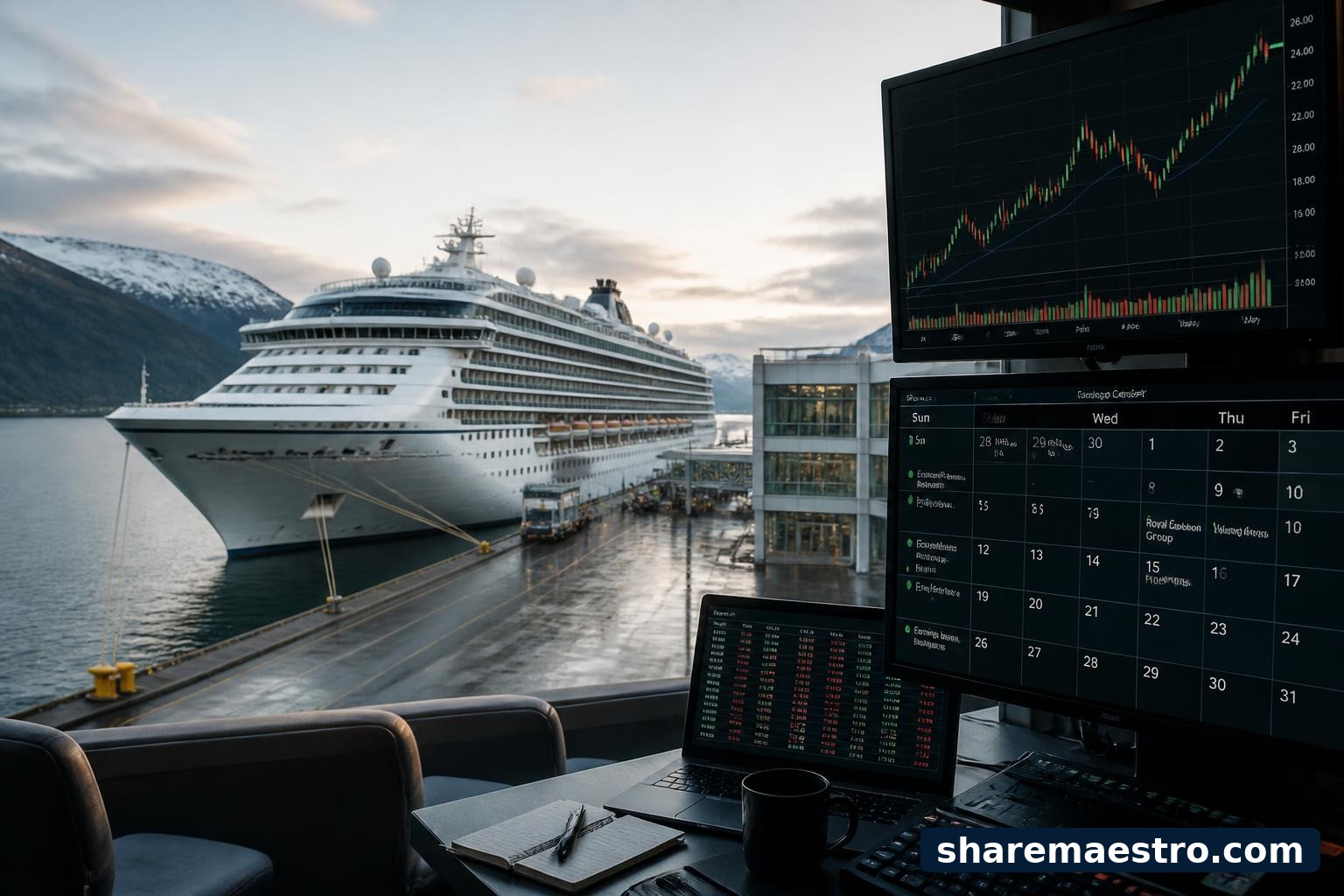 Viking passenger cruise ship at a port with market data and earnings calendar screens nearby.