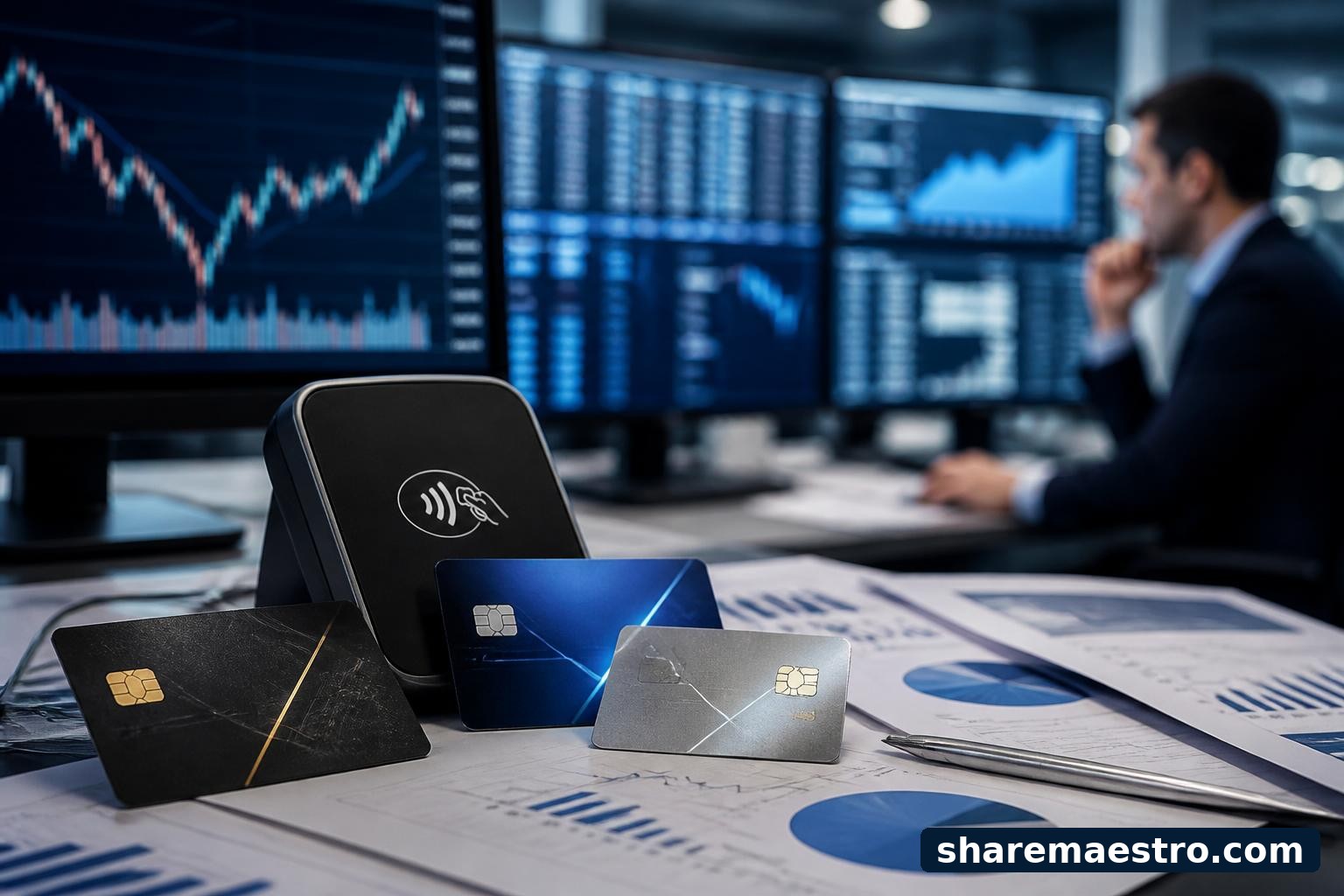 Visa payment cards and a contactless terminal on a finance desk with market screens in the background.
