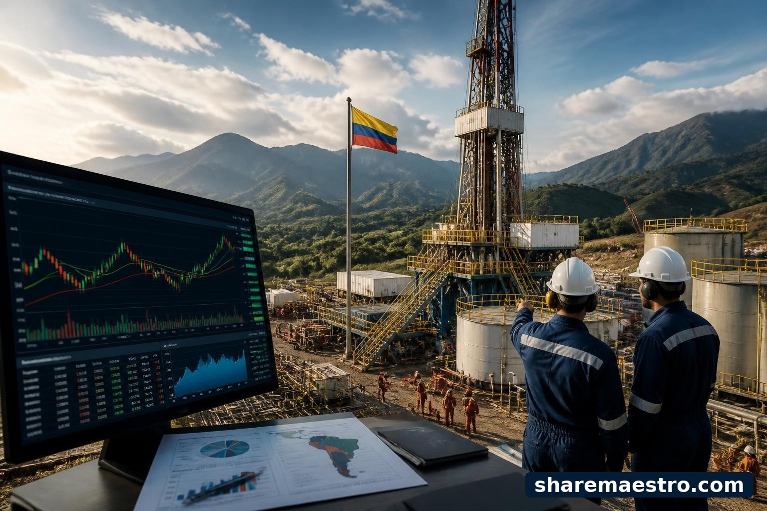Oil and gas production equipment with market data screens representing Vista Oil Gas ADR earnings watch.