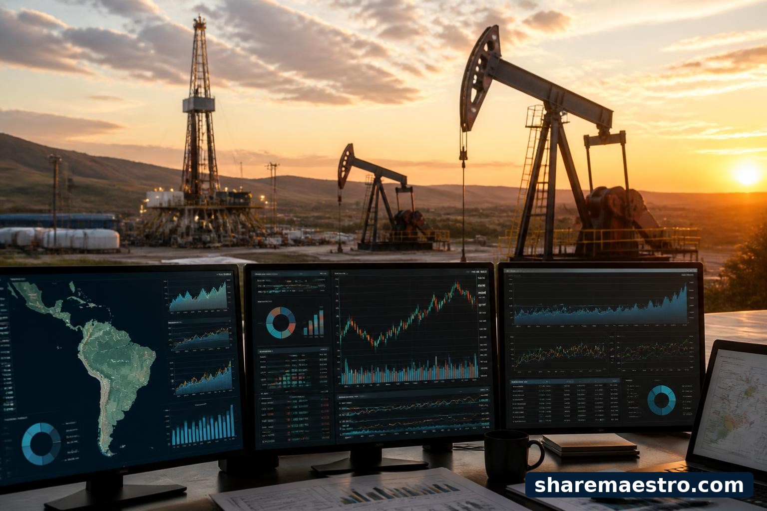 Oil and gas production equipment with a market data screen representing Vista Oil Gas ADR earnings watch.