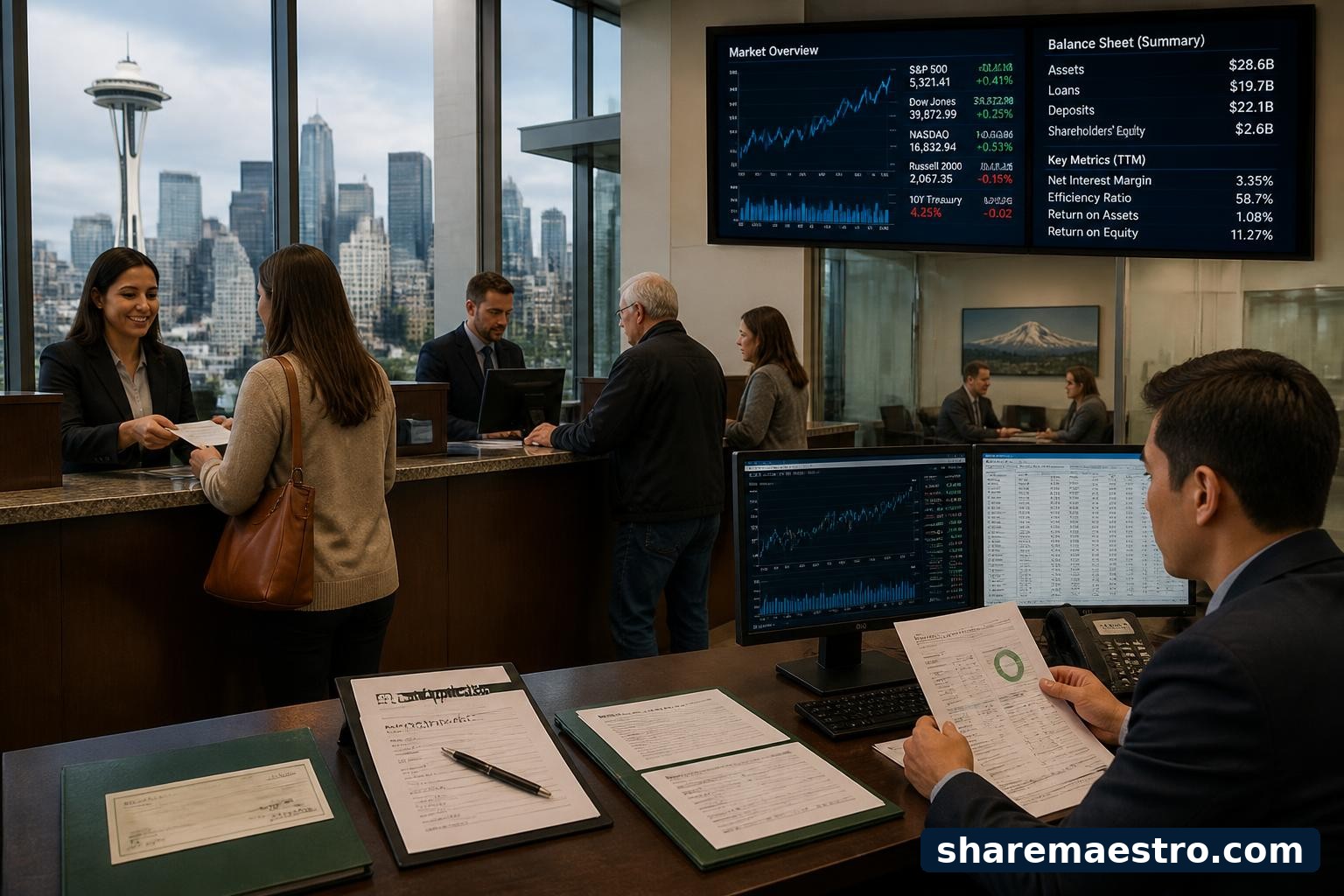 Regional bank branch and financial data screen representing WaFd earnings context.