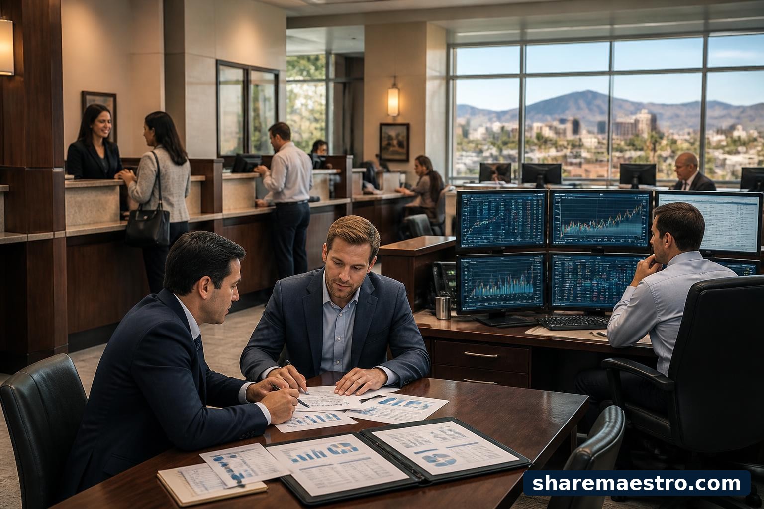 Regional bank office with bankers reviewing commercial loan documents and financial screens.
