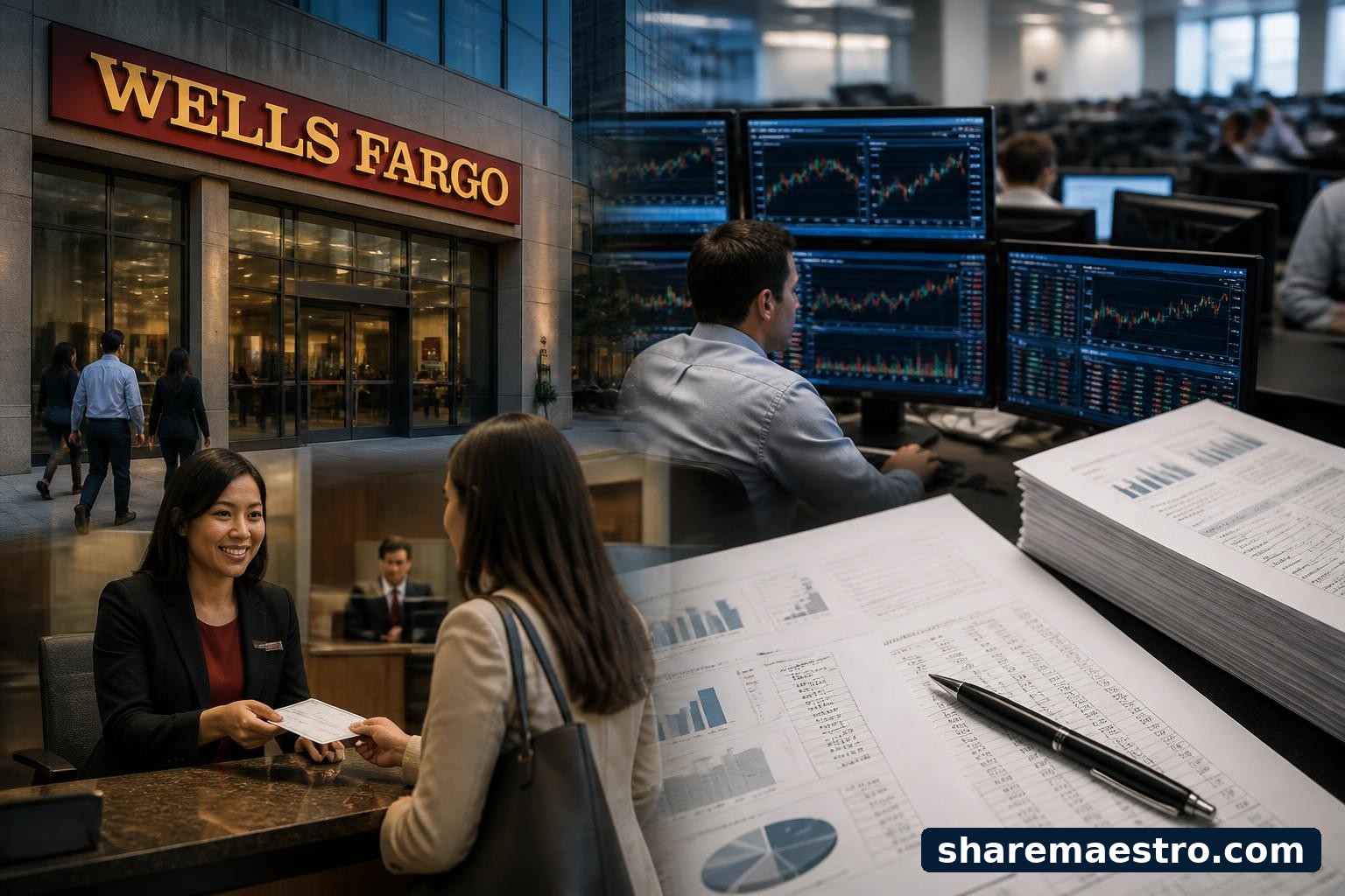 Wells Fargo banking branch and financial data terminal representing an upcoming earnings report.