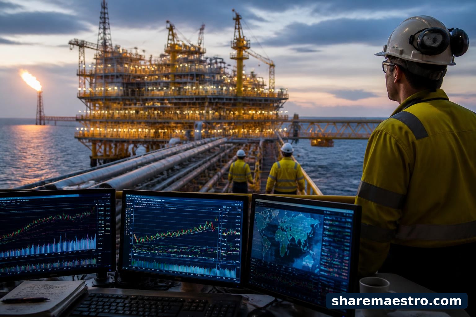 Offshore oil and gas production platform with an energy-market terminal in the foreground.