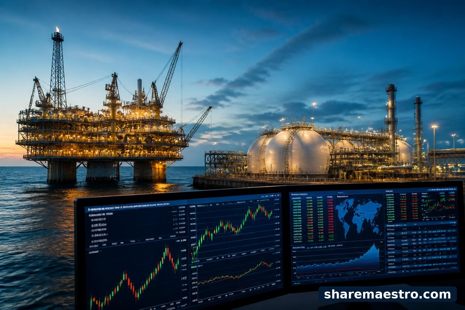 Offshore oil and gas production platform with market data screens representing Woodside Energy earnings context.
